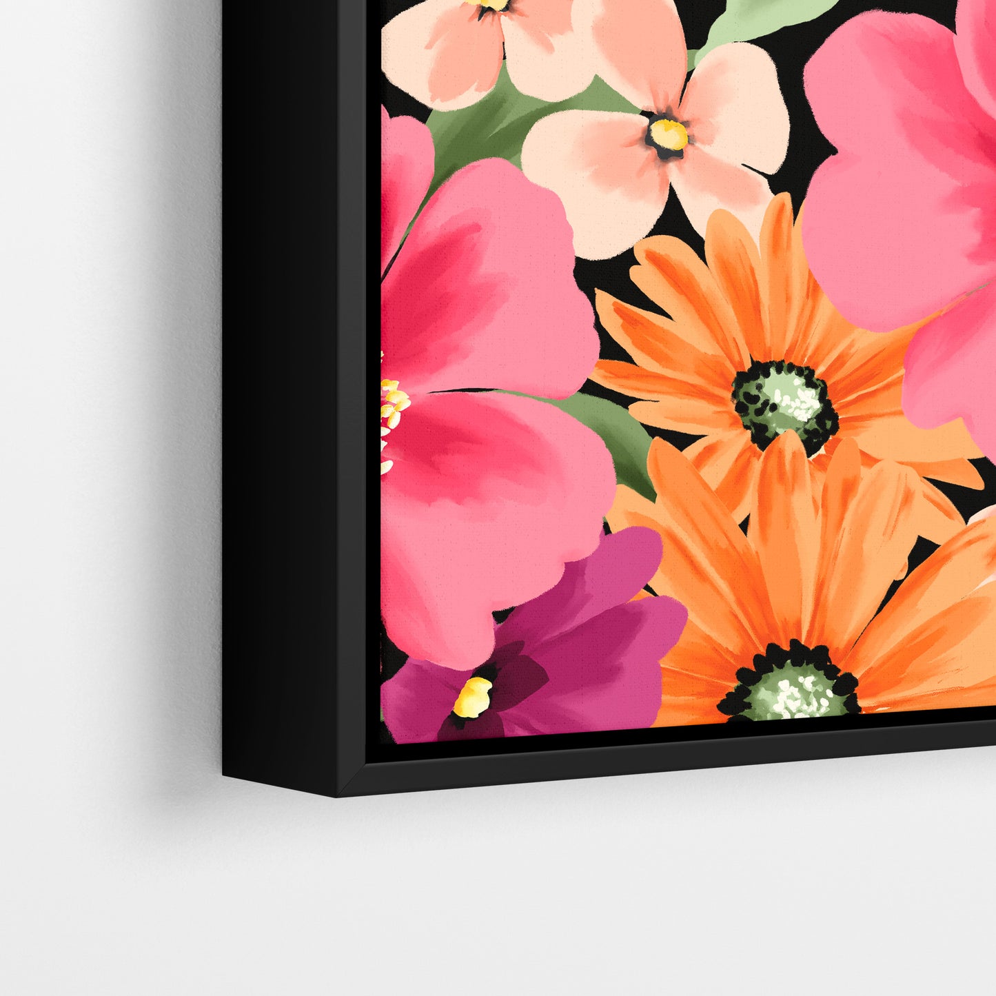 lose-up detail of Sofia Coral framed floral print - stylised coral and peach flowers with dark centres on black background
