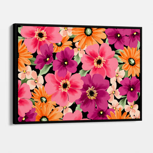 Framed Sofia Coral floral wall art angled view showing frame depth - warm-toned daisy-like flowers with dramatic pop against black background