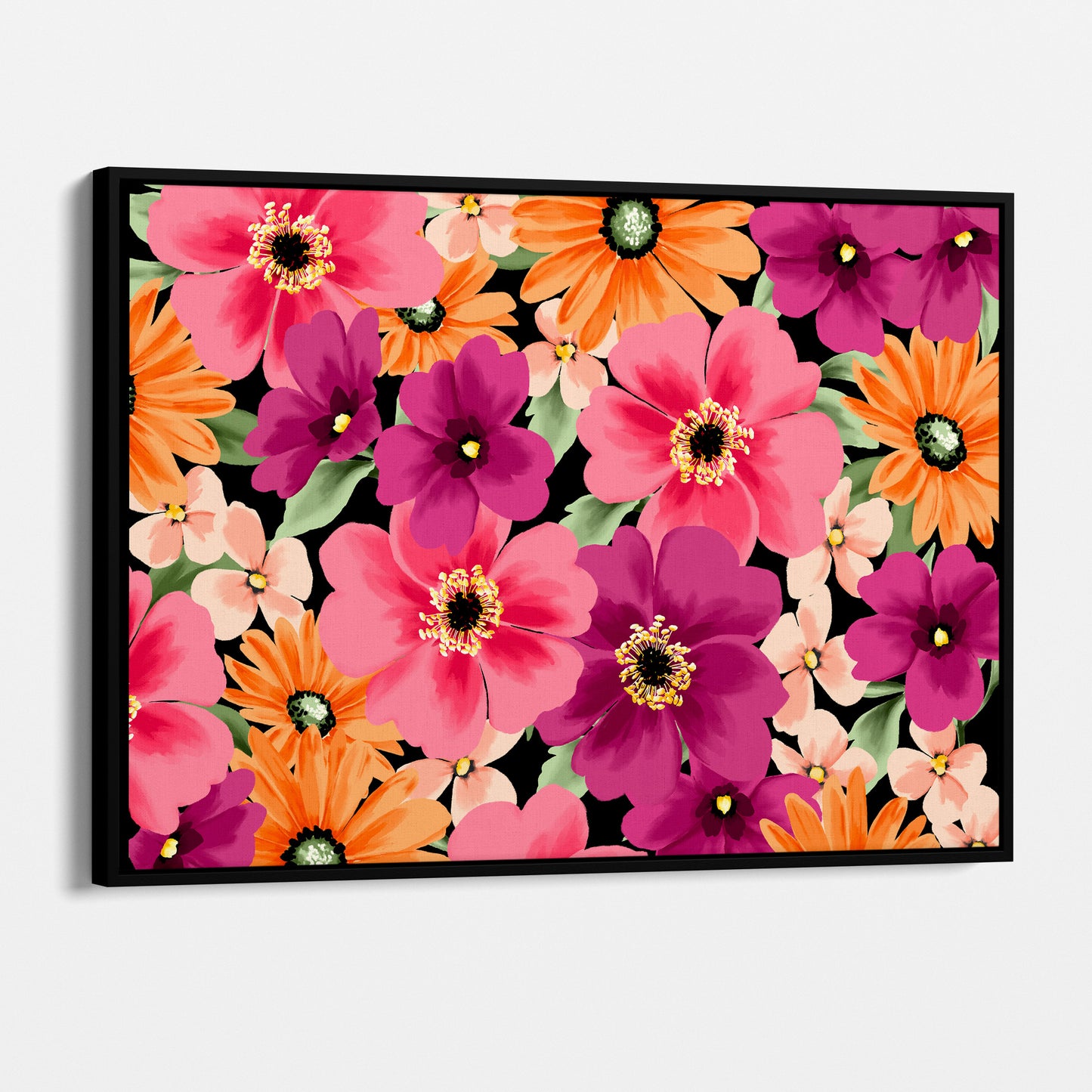 Framed Sofia Coral floral wall art angled view showing frame depth - warm-toned daisy-like flowers with dramatic pop against black background