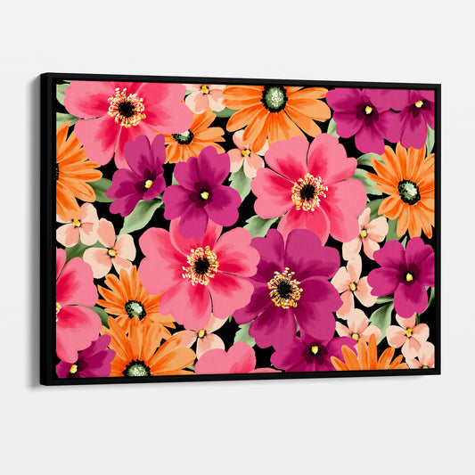 Framed Sofia Coral floral wall art angled view showing frame depth - warm-toned daisy-like flowers with dramatic pop against black background