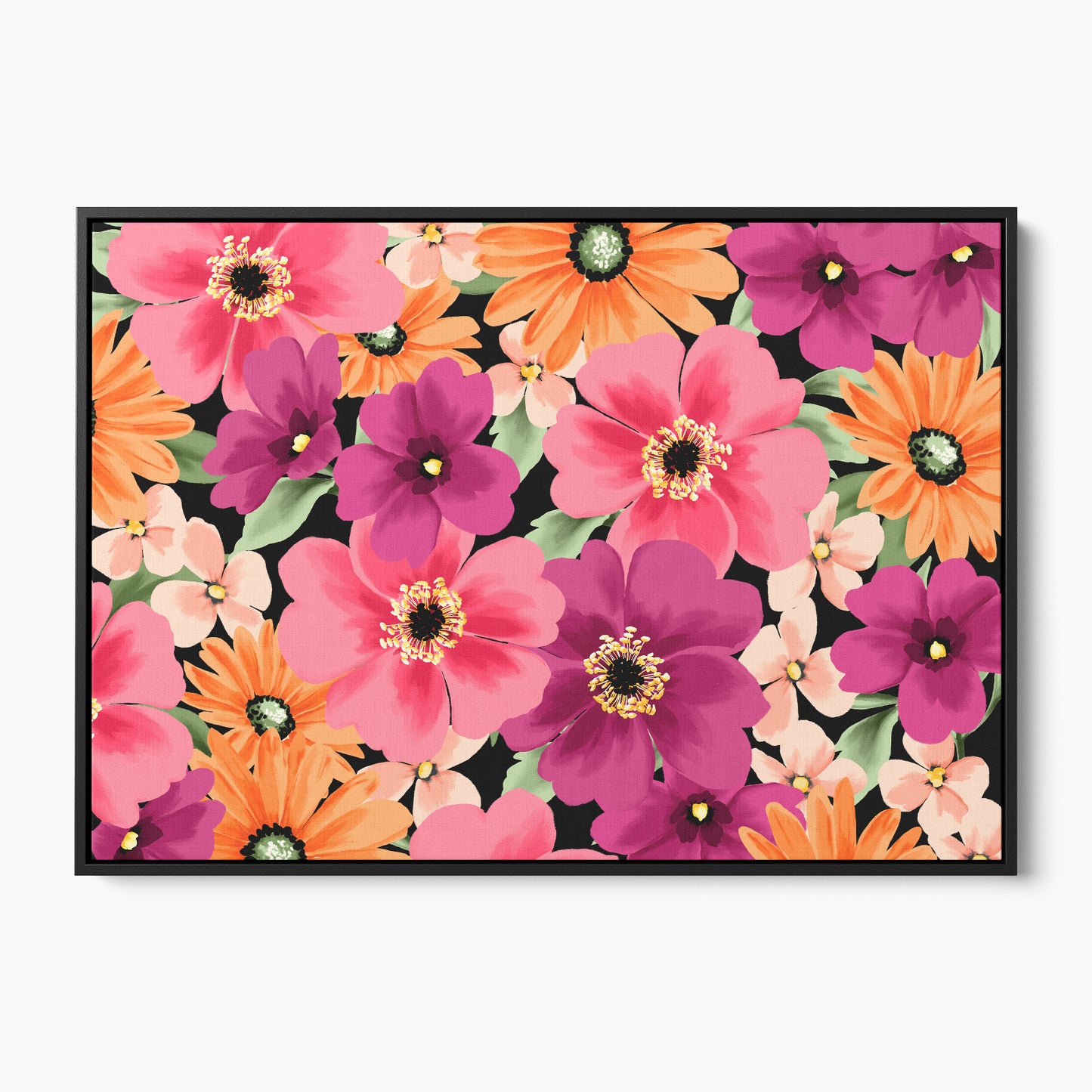 Sofia Coral floral wall art - vibrant stylised blooms in coral, pink, magenta and peach on black background, framed print front view