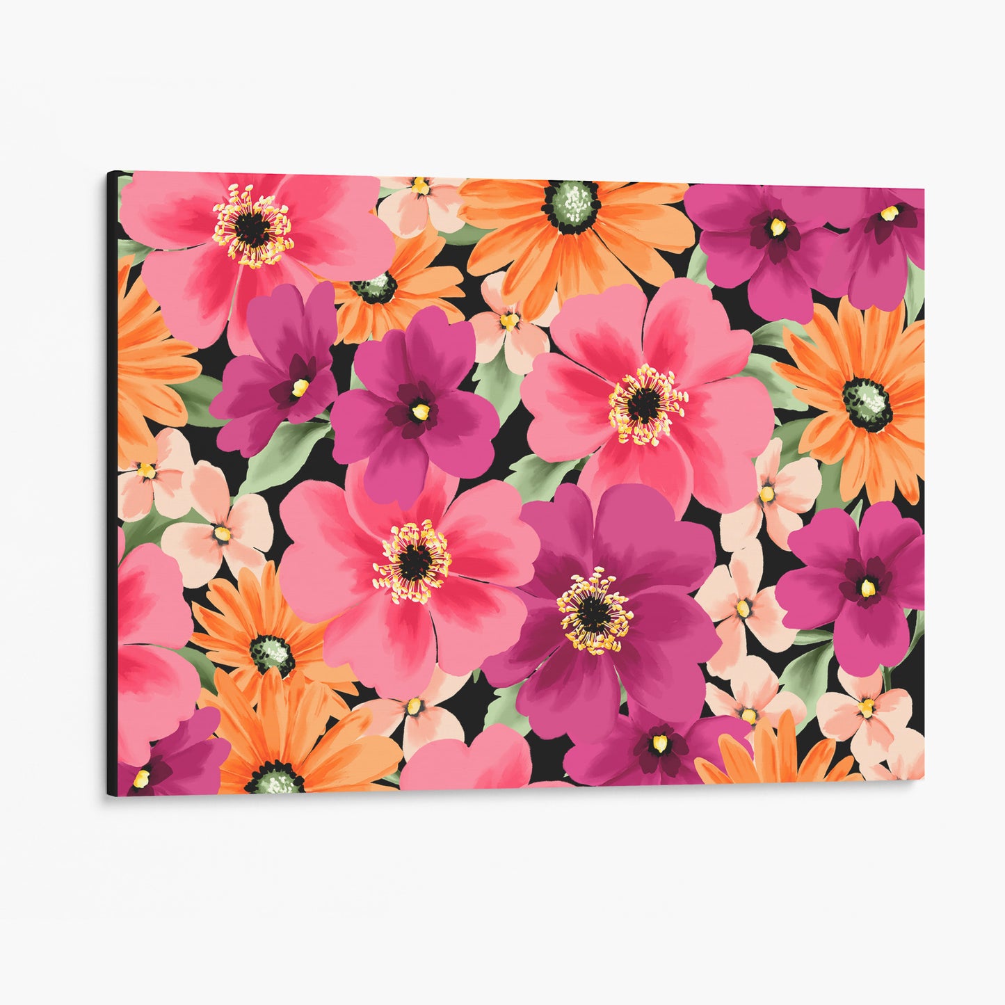 unframed Sofia Coral floral wall art angled view showing frame depth - warm-toned daisy-like flowers with dramatic pop against black background
