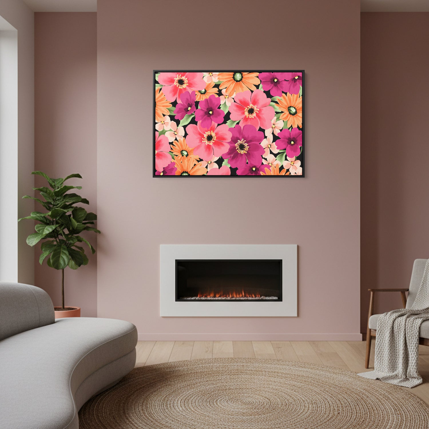 Sofia Coral floral wall art in modern room setting - bold decorative pattern with warm coral blooms for contemporary home deco