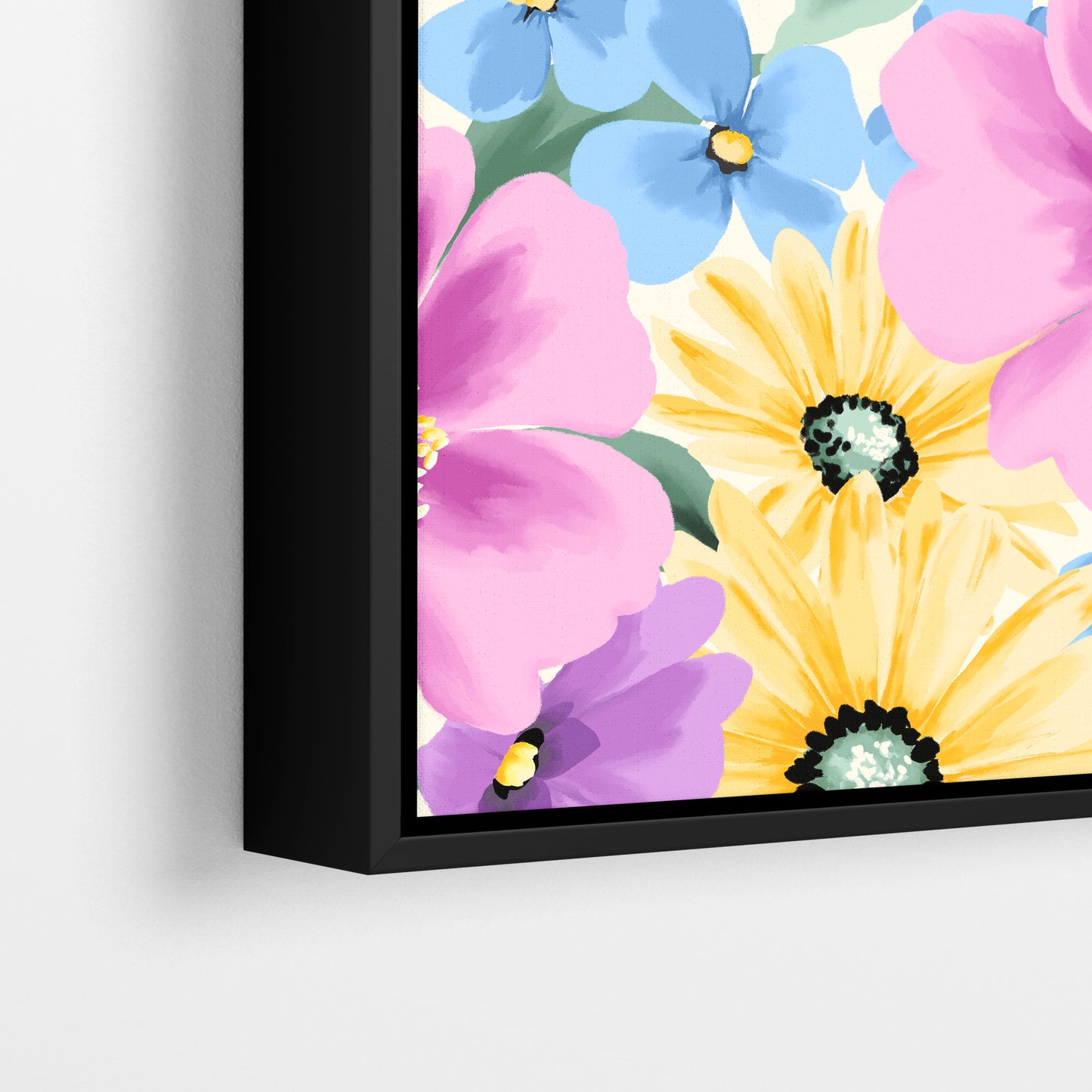 Close-up detail of Sofia Lilac framed floral print - stylised pastel flowers with dark centres and delicate petals on cream background