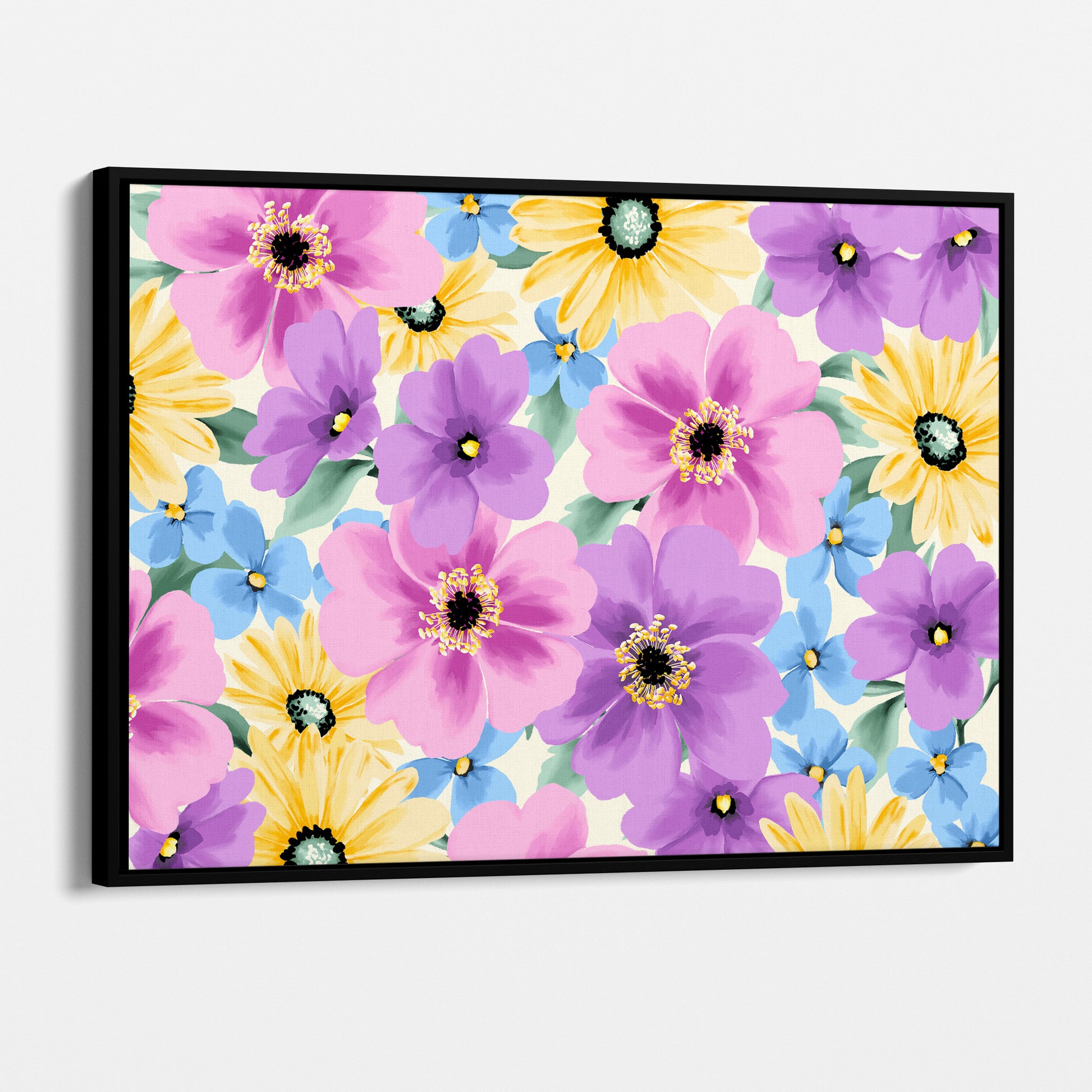 Framed Sofia Lilac floral wall art angled view showing frame depth - pastel daisy-like flowers creating cheerful contrast on cream background