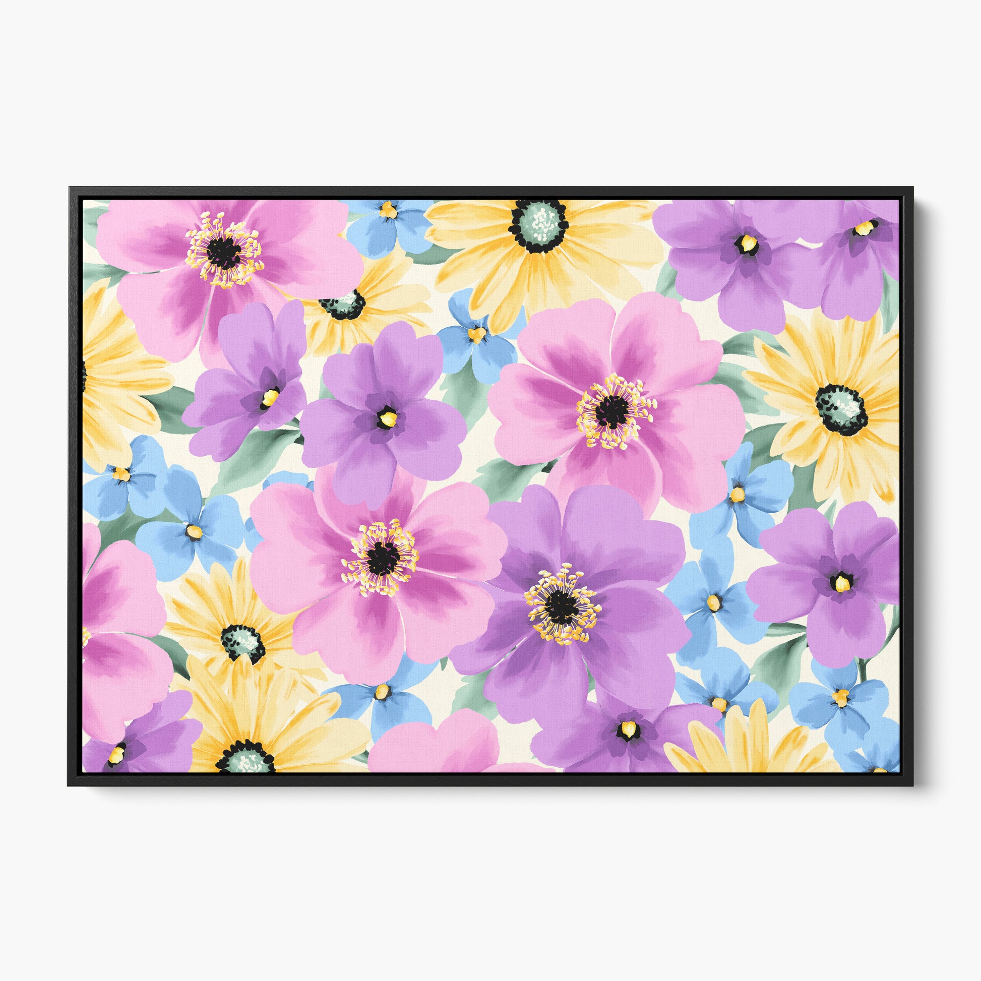Framed Sofia Lilac floral wall art - vibrant stylised blooms in purple, lavender, pink and yellow on cream background, framed print front view