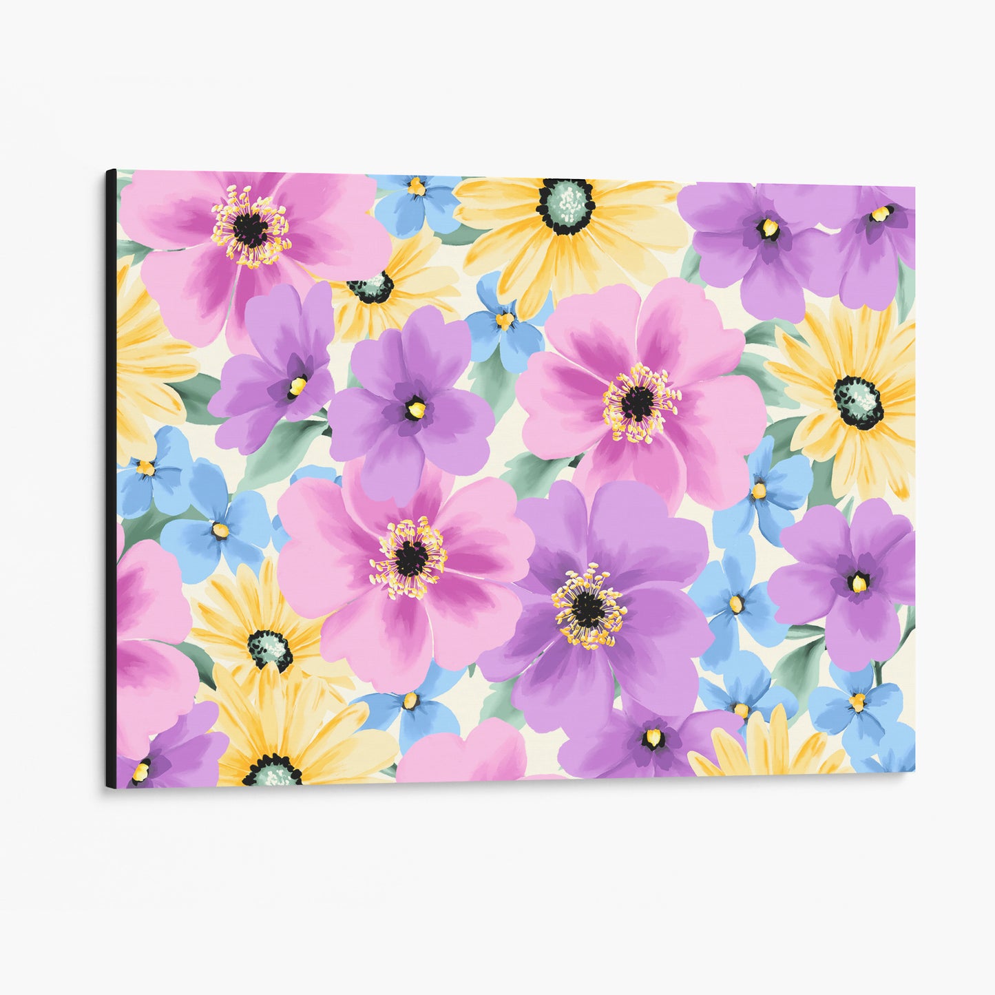 unframed Sofia Lilac floral wall art angled view showing frame depth - pastel daisy-like flowers creating cheerful contrast on cream background