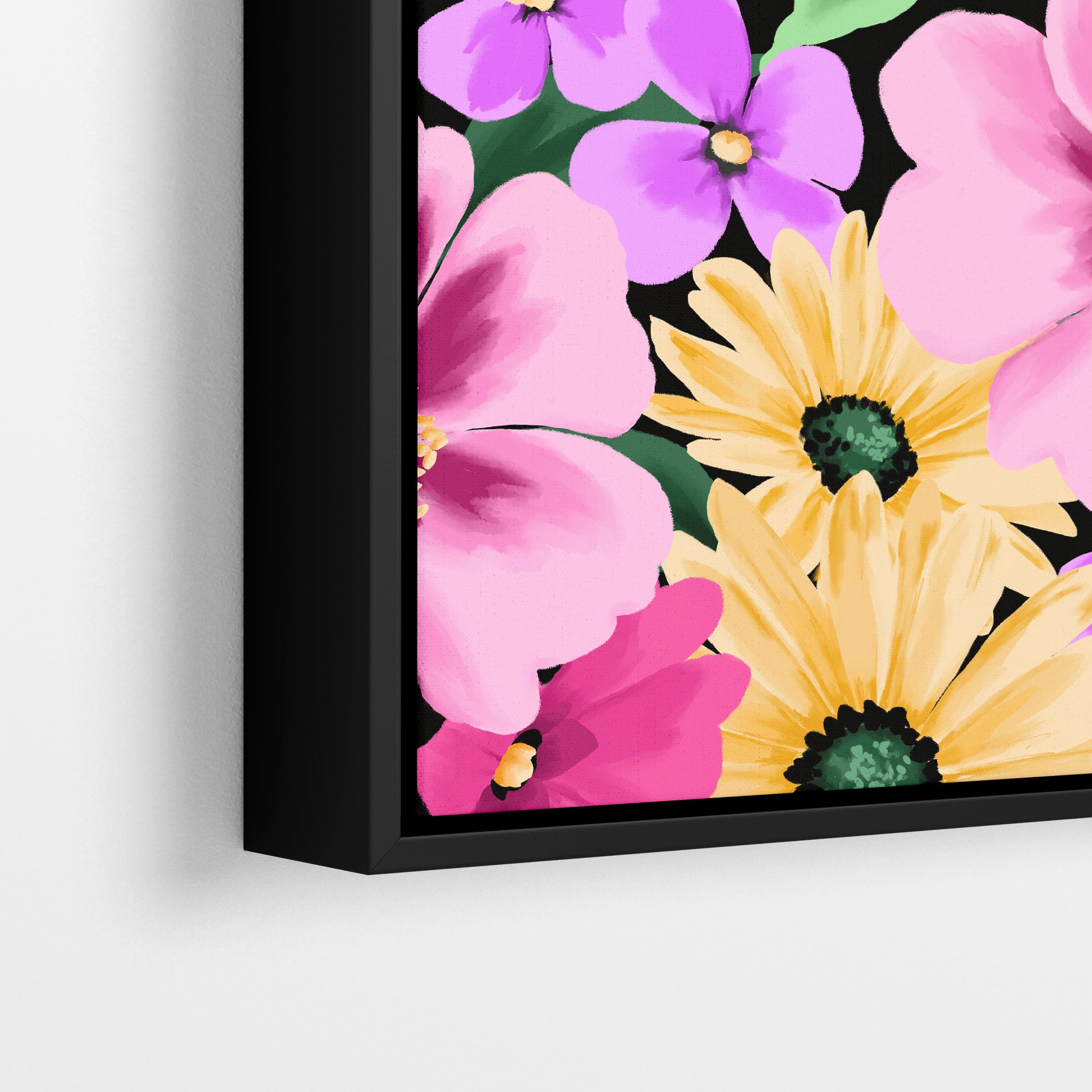 Close-up detail of Sofia Pink framed floral print - stylised flowers with dark centres and delicate petals on black background