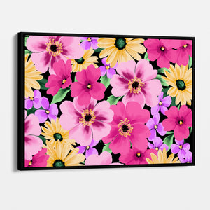 Framed Sofia Pink floral wall art angled view showing frame depth - colourful daisy-like flowers with dramatic pop against black background