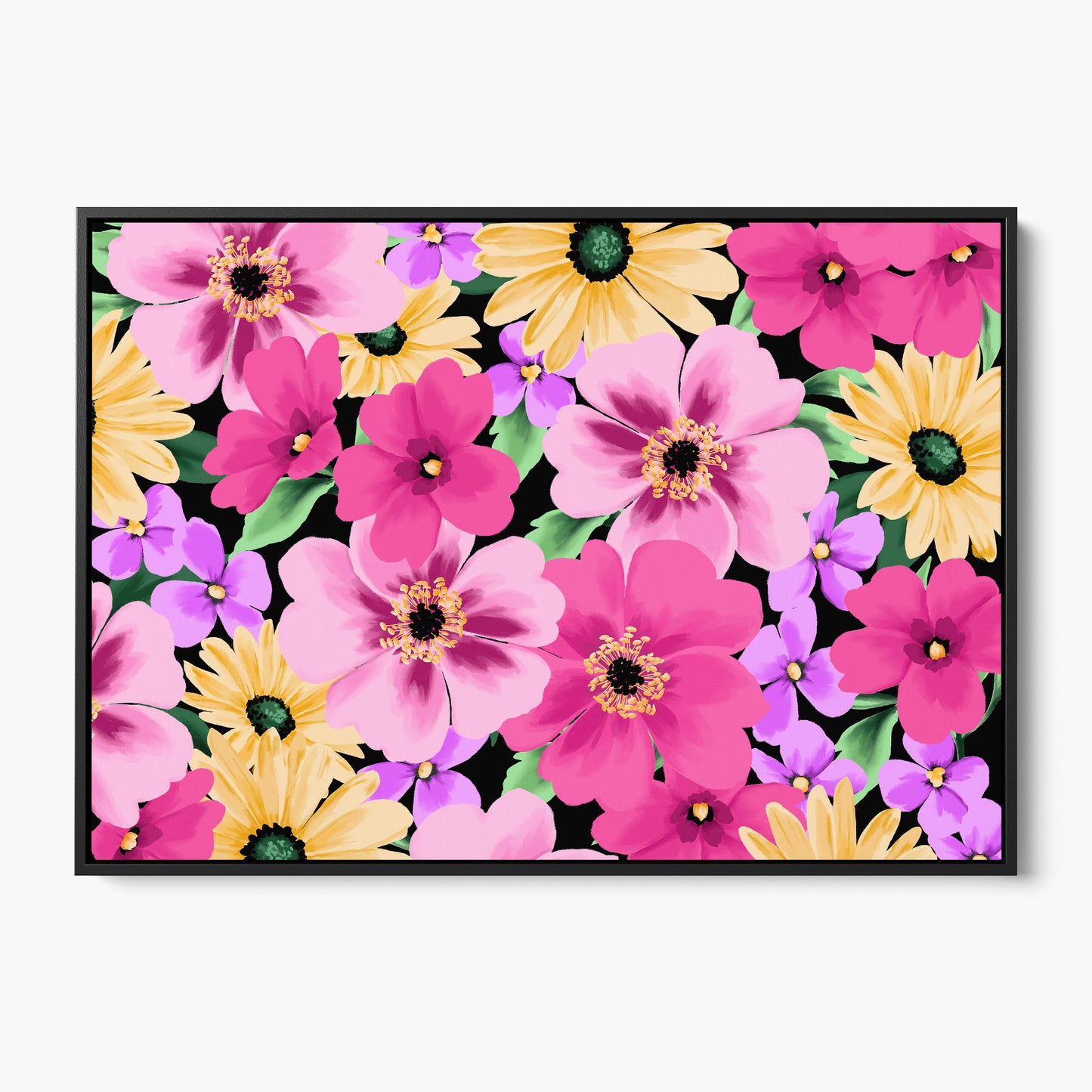 Sofia Pink floral wall art - vibrant stylised blooms in pink, purple, orange and yellow on black background, framed print front view