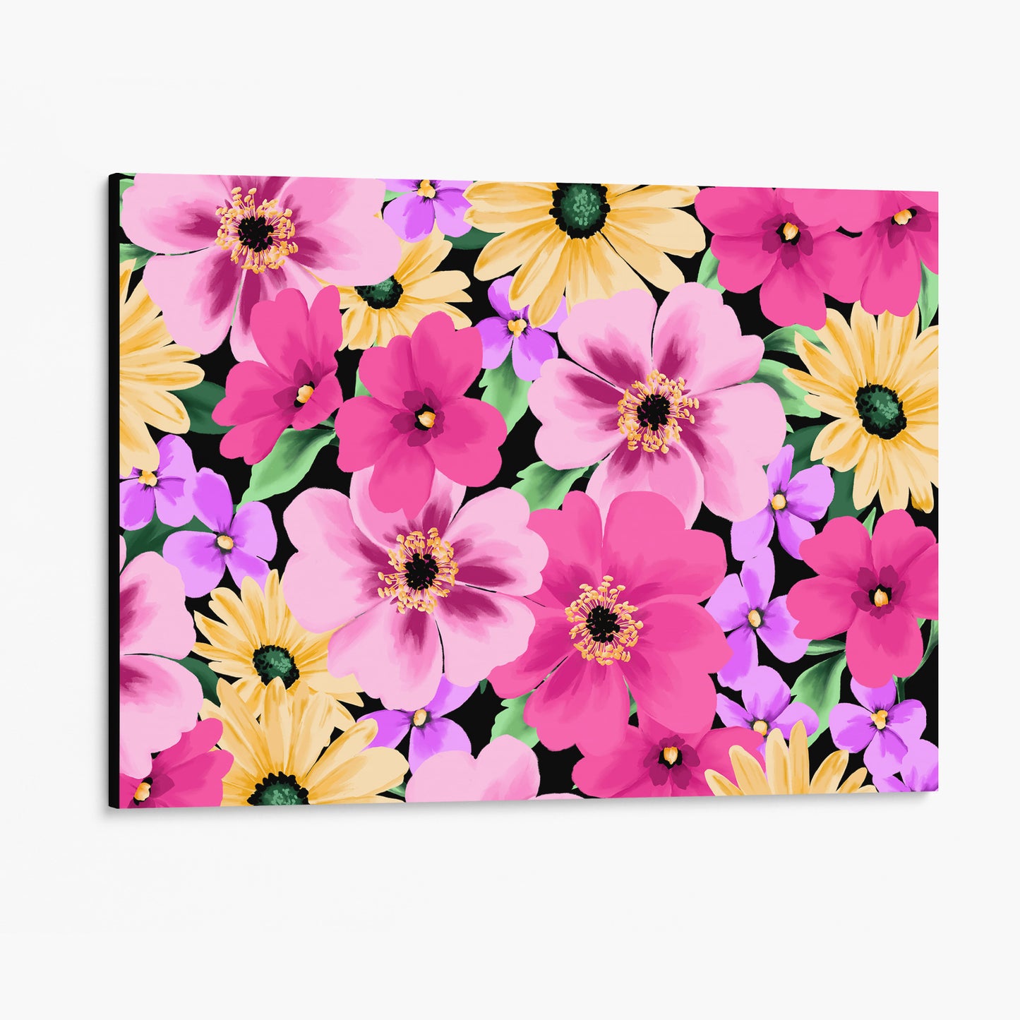Unframed Sofia Pink floral wall art angled view showing frame depth - colourful daisy-like flowers with dramatic pop against black background
