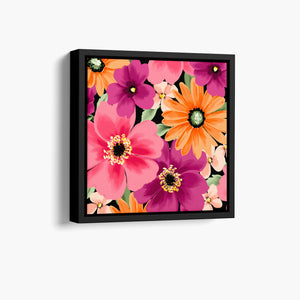 Framed Sofia Coral mini floral wall art angled view showing frame depth - warm-toned daisy-like flowers with dramatic pop against black background