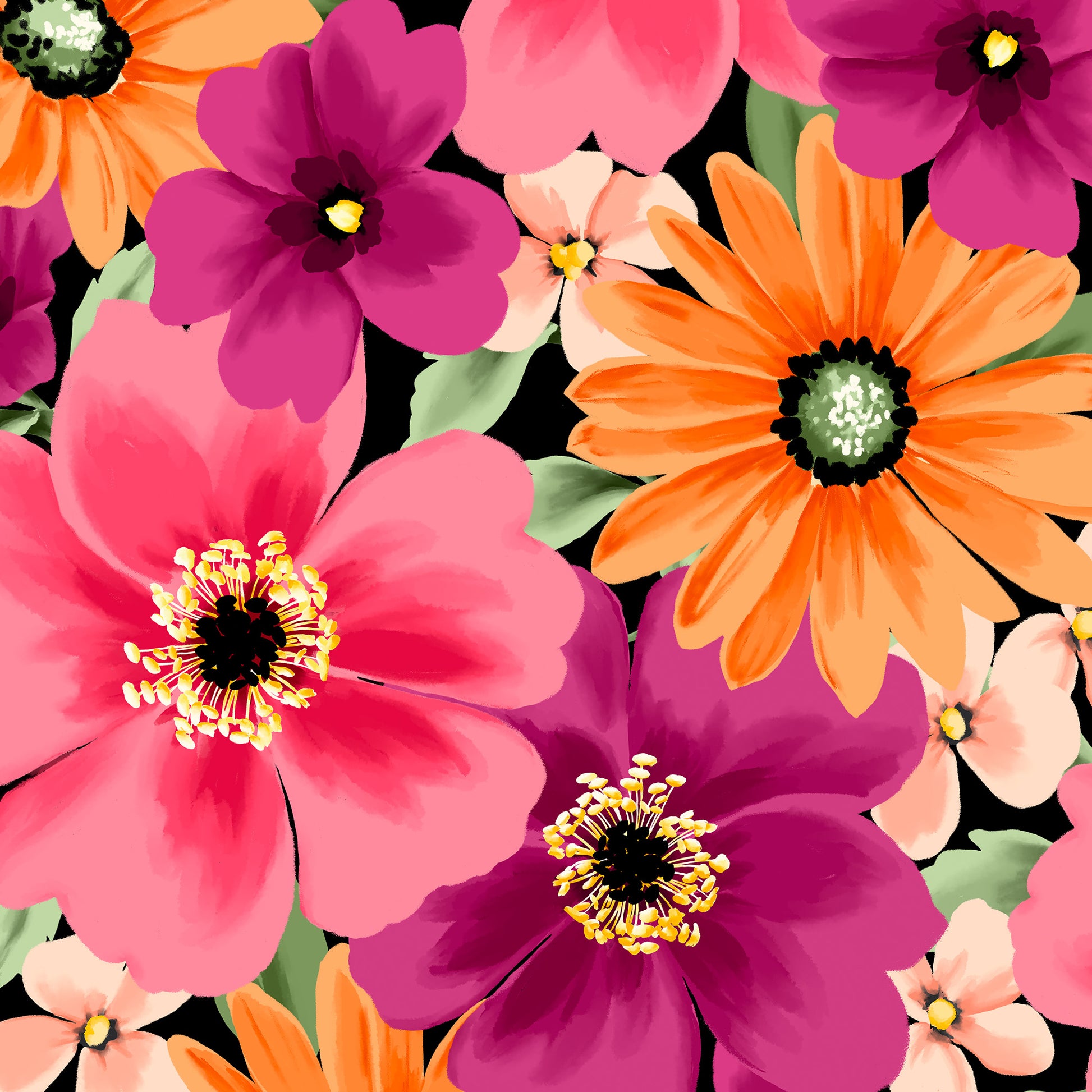 Close-up detail of Sofia Coral floral print - stylised coral and peach flowers with dark centres on black background