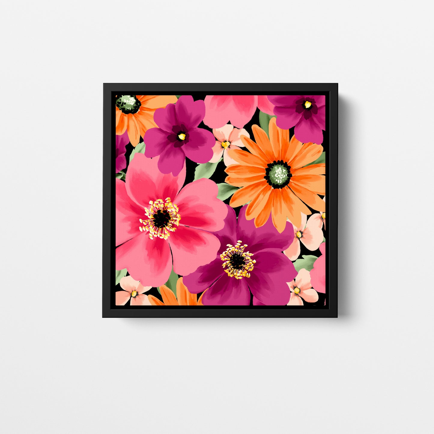 Sofia Coral mini floral wall art - vibrant stylised blooms in coral, pink, magenta and peach on black background, framed print front view