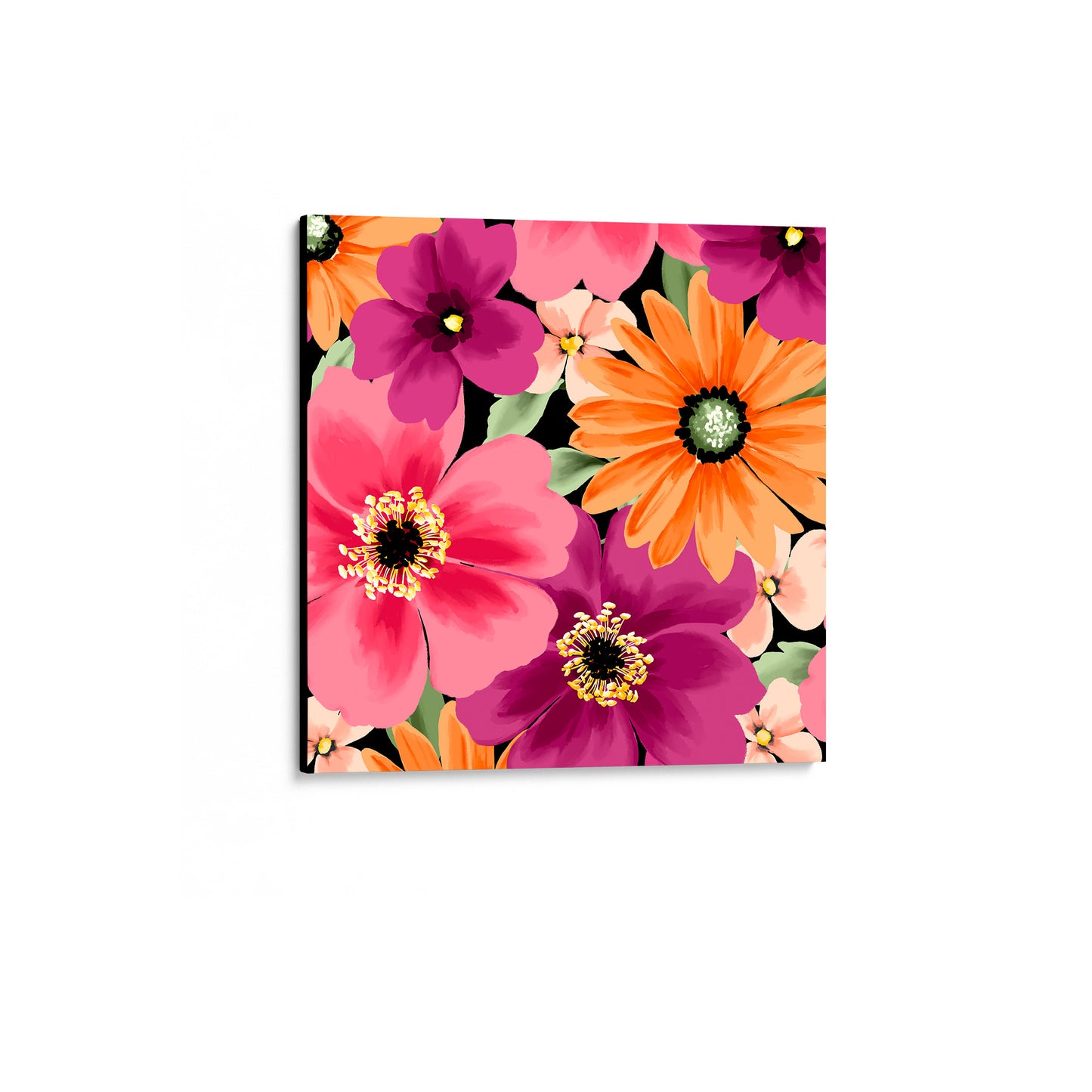 unframed Sofia Coral mini floral wall art angled view showing frame depth - warm-toned daisy-like flowers with dramatic pop against black background