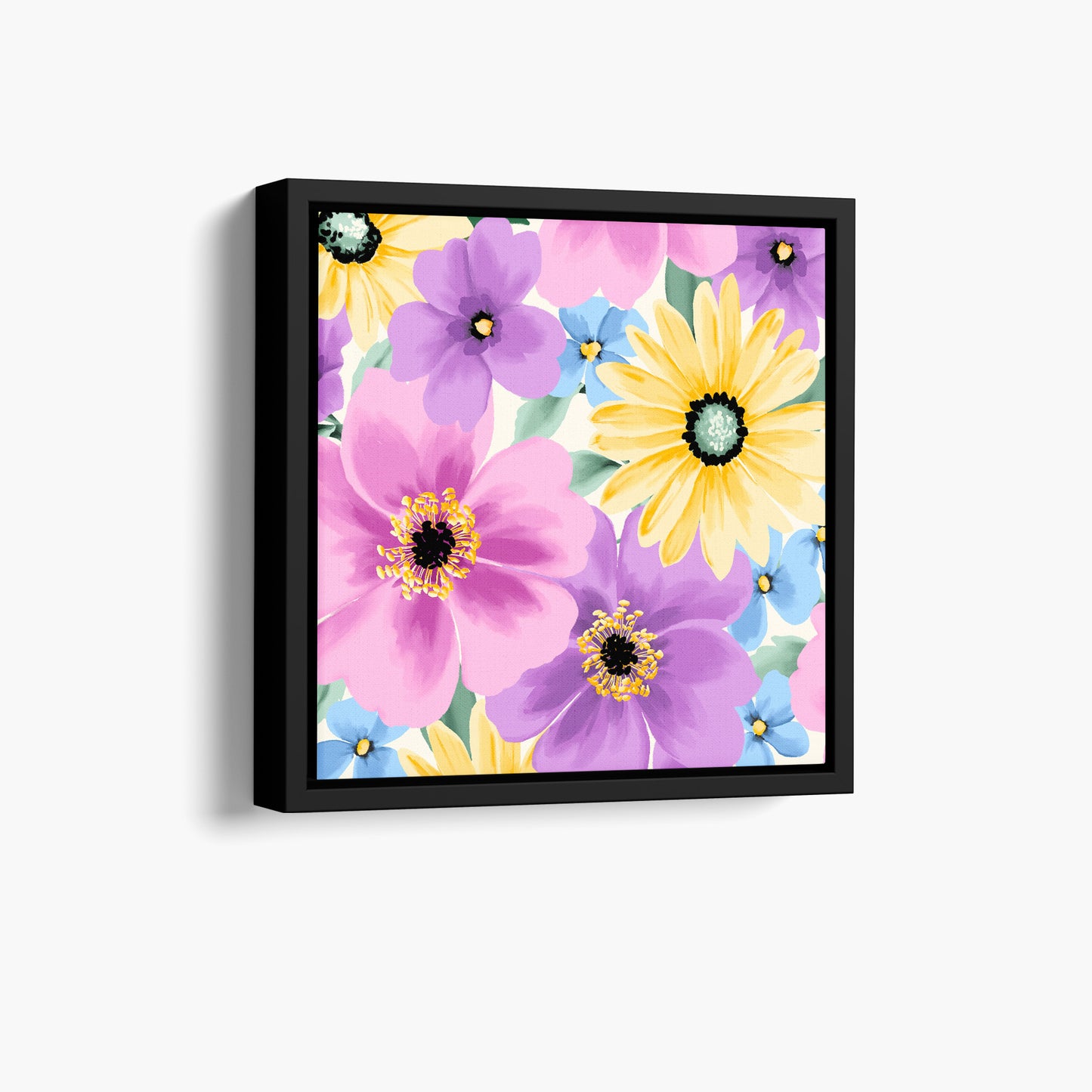 Framed Sofia Lilac  mini floral wall art angled view showing frame depth - pastel daisy-like flowers creating cheerful contrast on cream background