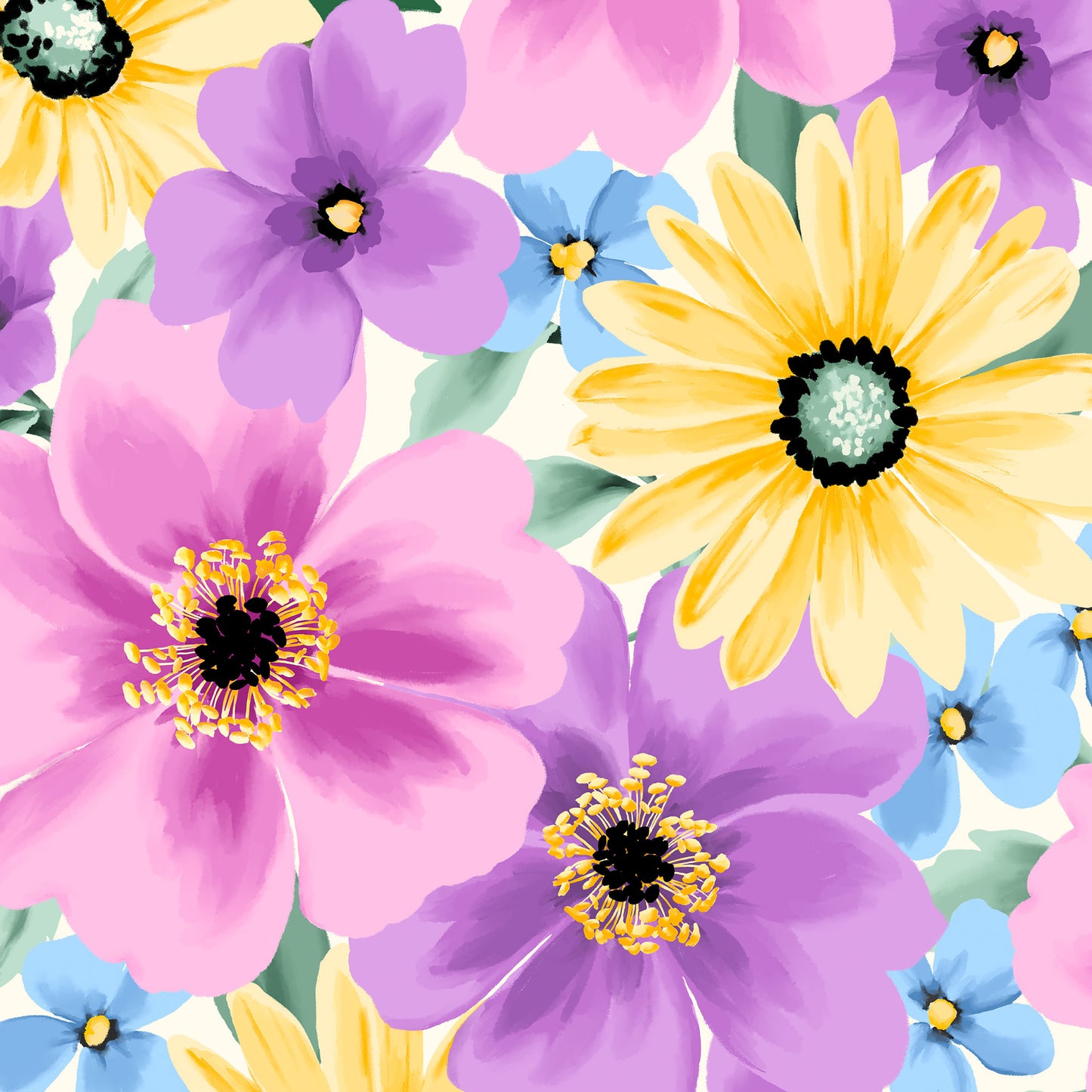 Close-up detail of Sofia Lilac floral print - stylised pastel flowers with dark centres and delicate petals on cream background