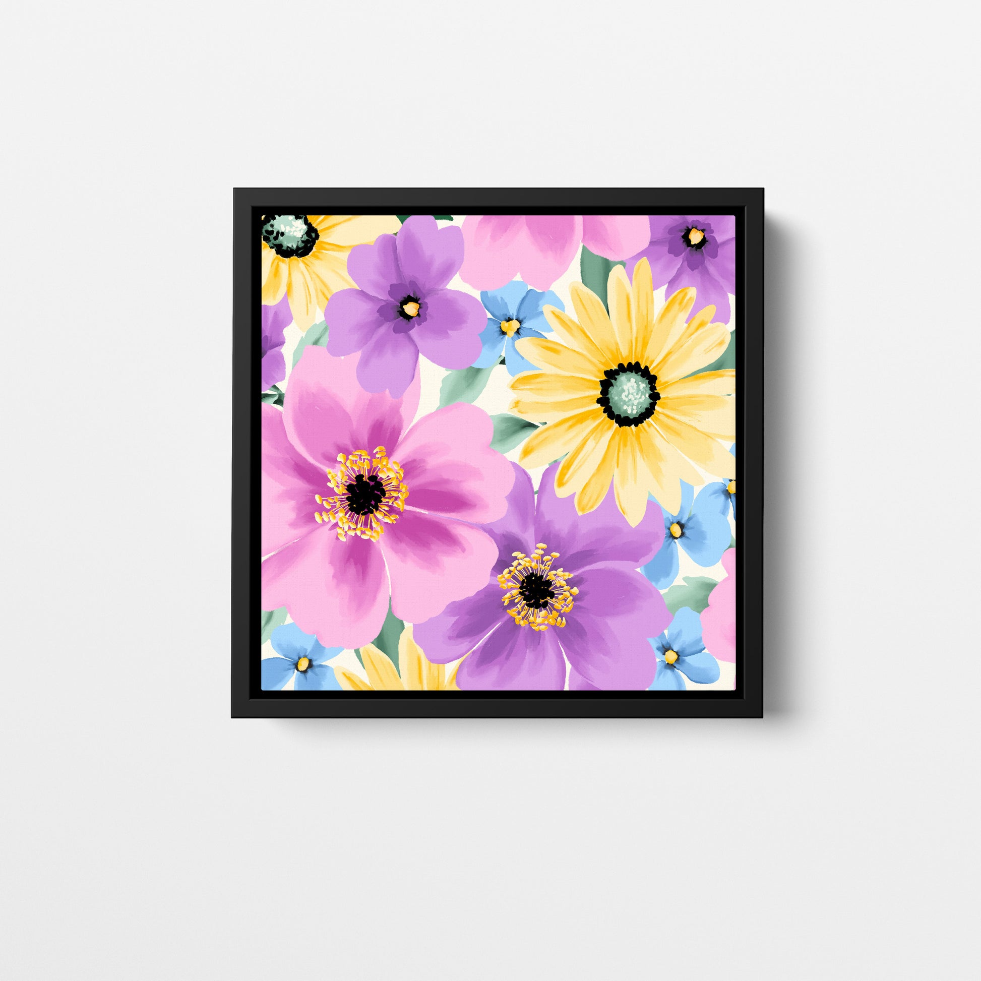 Framed Sofia Lilac mini floral wall art - vibrant stylised blooms in purple, lavender, pink and yellow on cream background, framed print front view