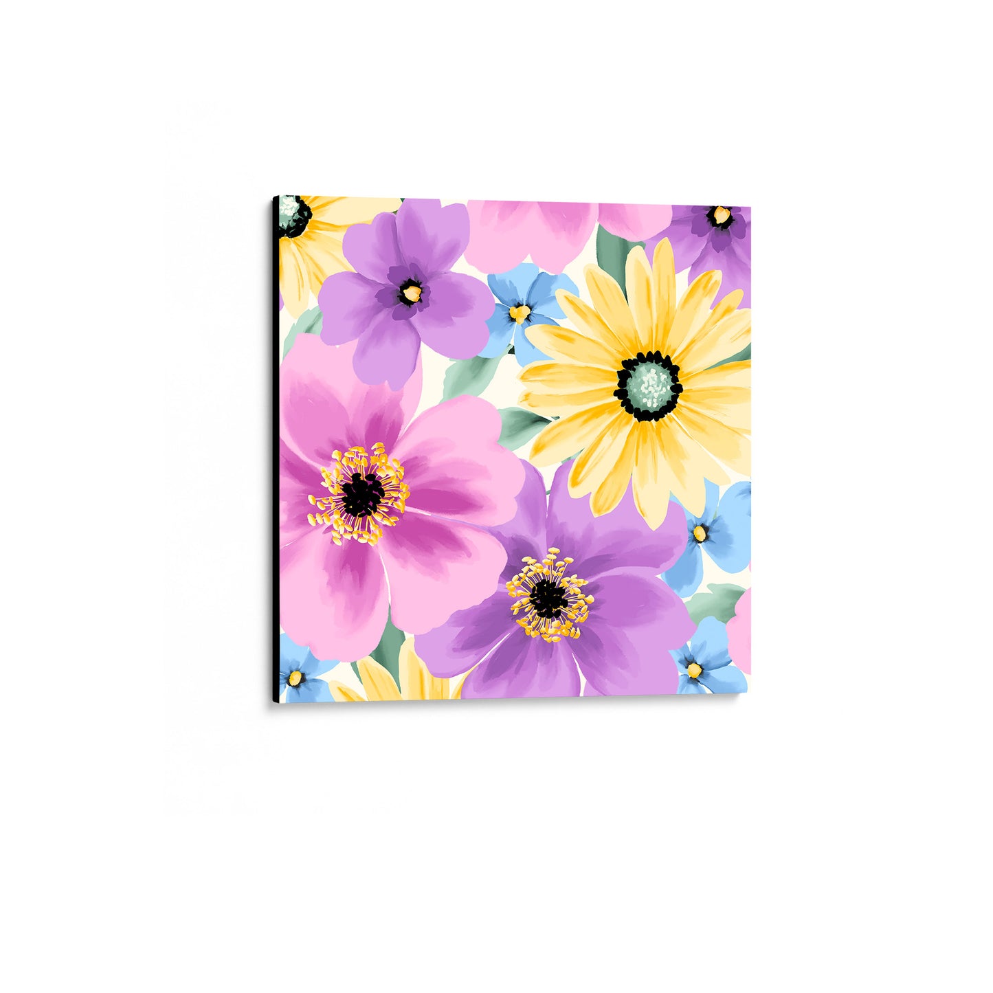 unframed Sofia Lilac mini floral wall art angled view showing frame depth - pastel daisy-like flowers creating cheerful contrast on cream background