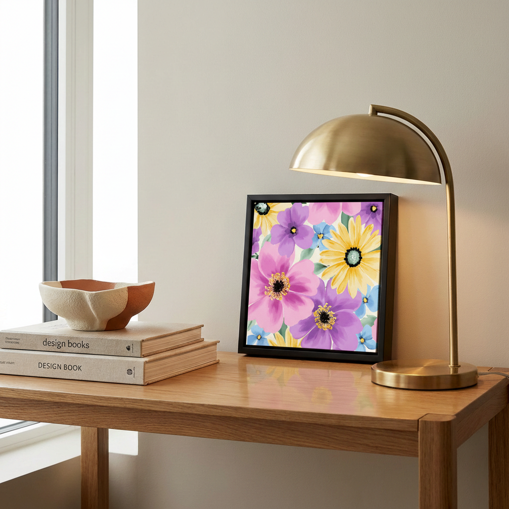 Decorative table with a lamp, framed Sofia Lilac mini floral art, and books by a window.