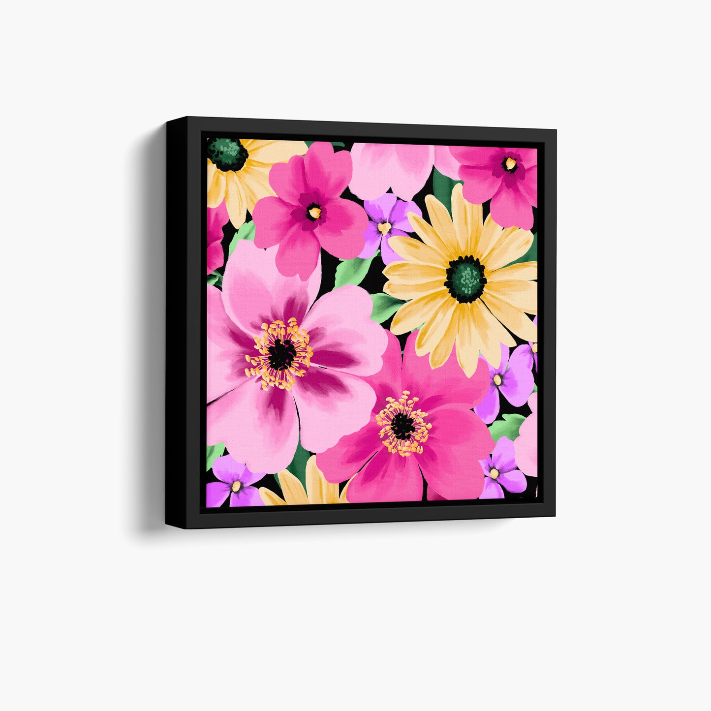 Framed Sofia Pink mini floral wall art angled view showing frame depth - colourful daisy-like flowers with dramatic pop against black background