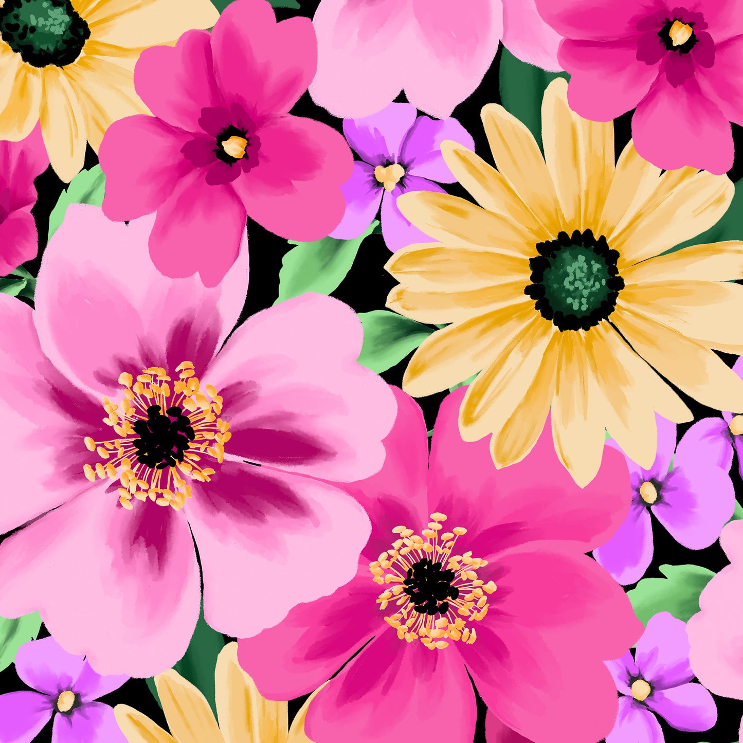 Close-up detail of Sofia Pink mini floral print - stylised flowers with dark centres and delicate petals on black background