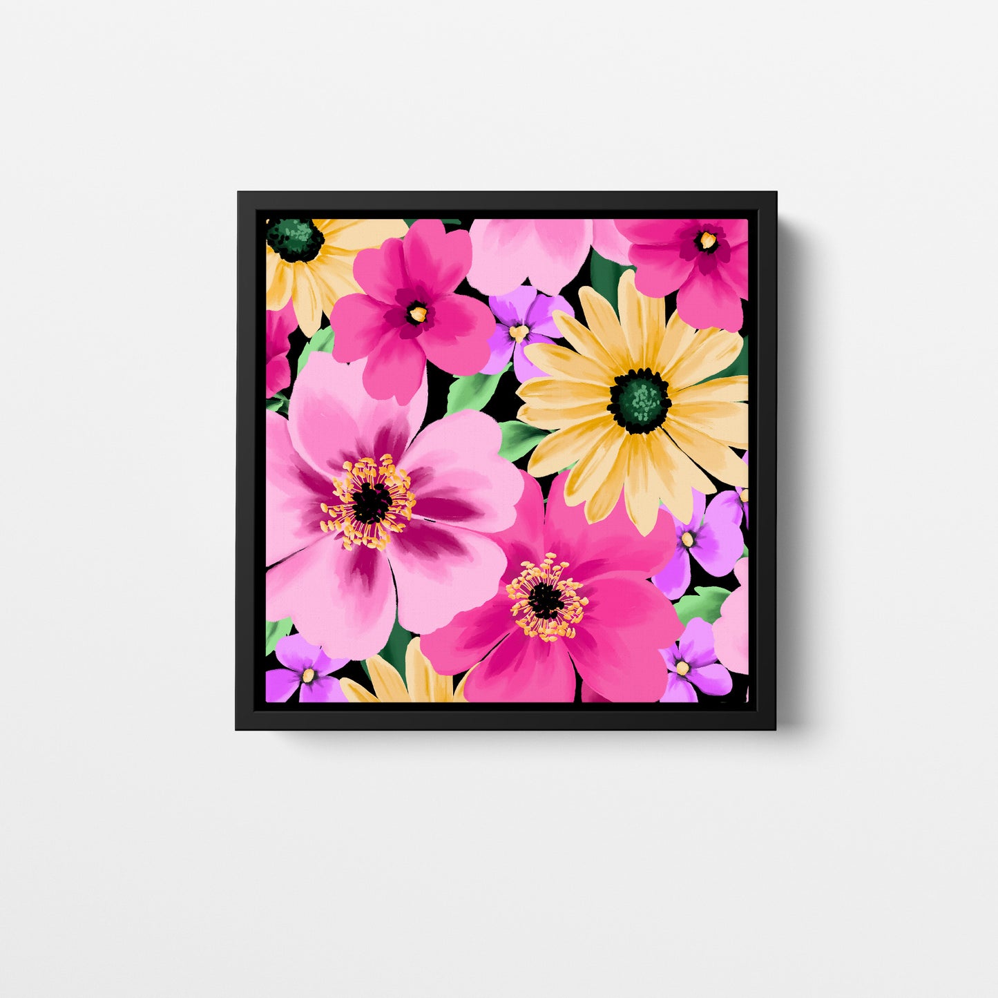 Framed Sofia Pink mini floral wall art angled view showing frame depth - colourful daisy-like flowers with dramatic pop against black background