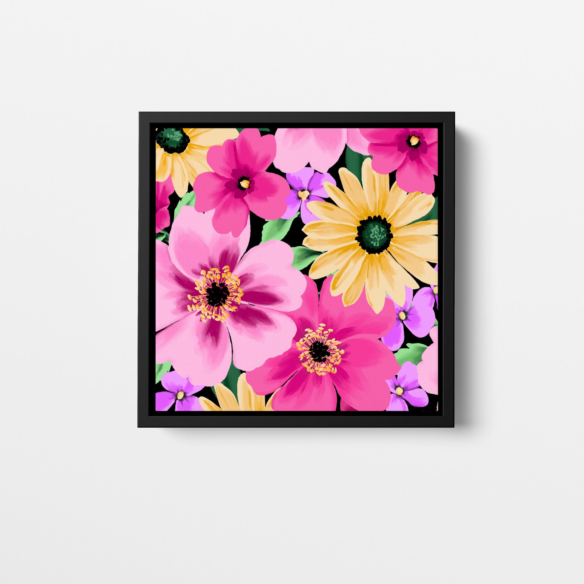 Framed Sofia Pink mini floral wall art angled view showing frame depth - colourful daisy-like flowers with dramatic pop against black background