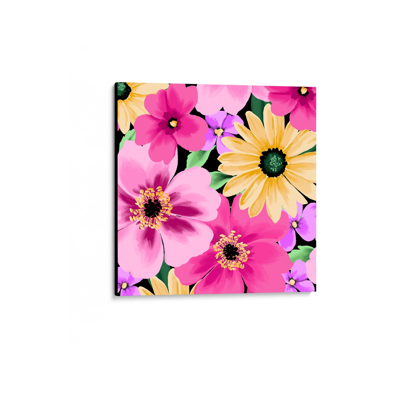 Unframed Sofia Pink mini  floral wall art angled view showing frame depth - colourful daisy-like flowers with dramatic pop against black background