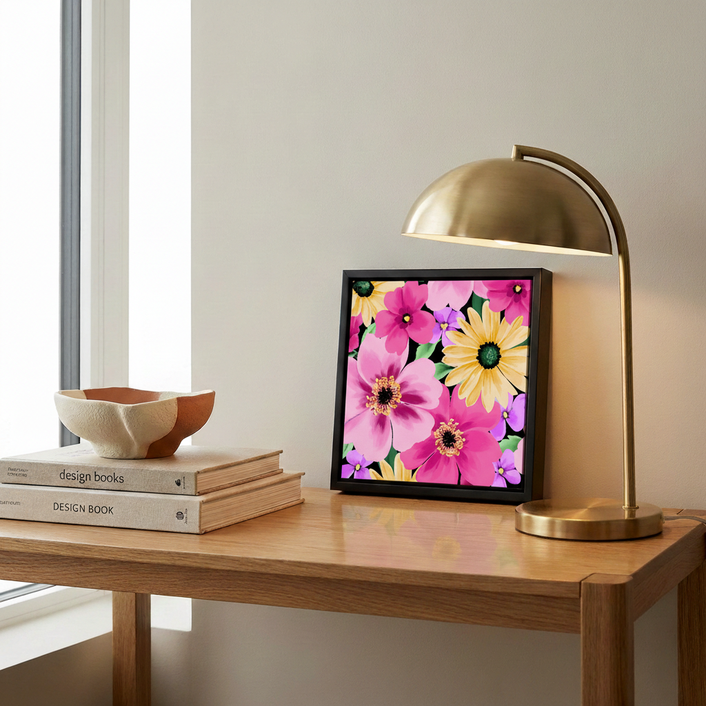 Decorative table with a lamp, framed Sofia pink mini floral art, and books by a window.