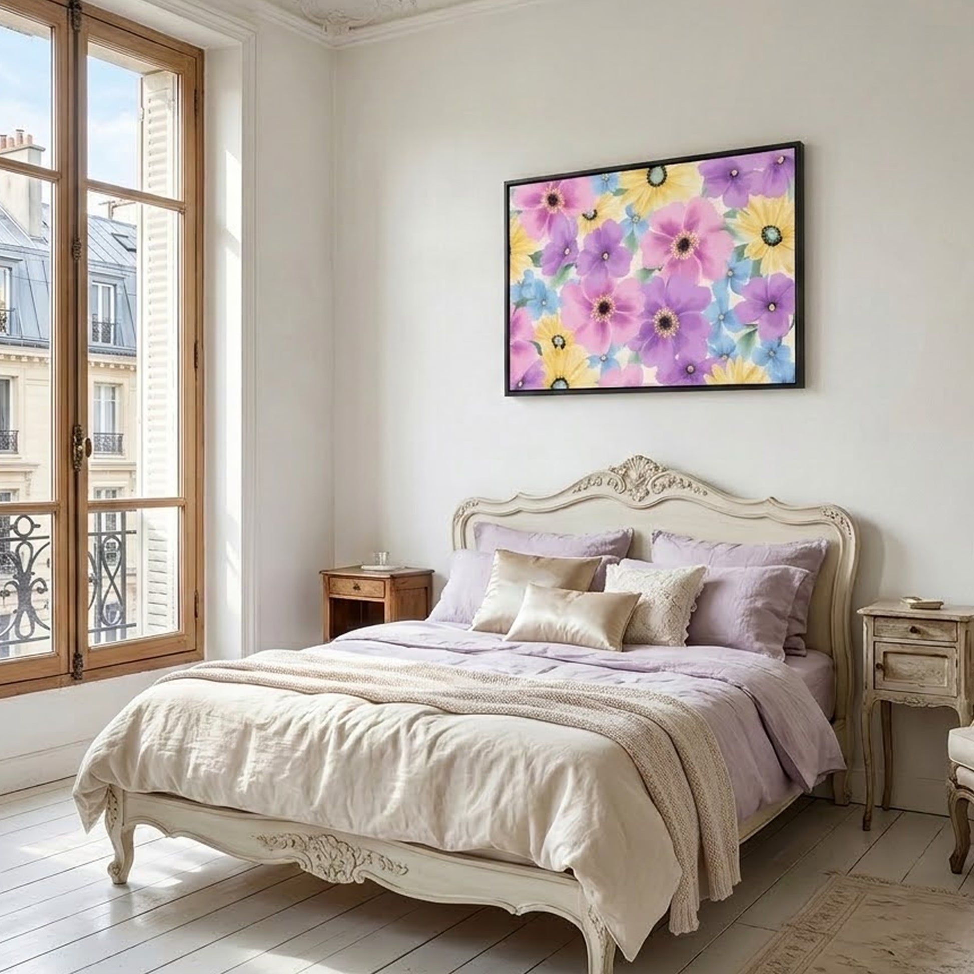 Sofia Lilac canvas wall art on the wall over a neatly made bed with decorative pillows
