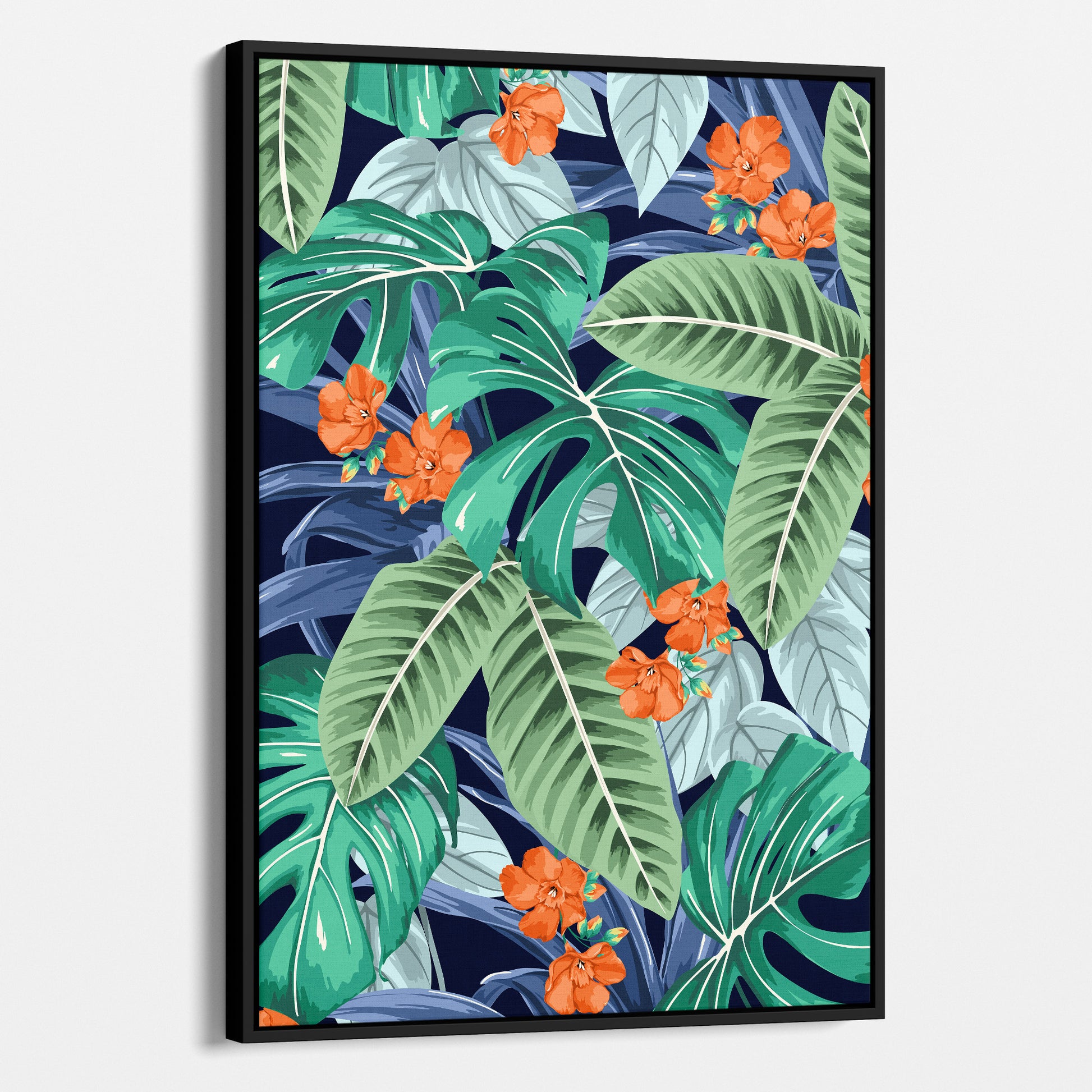 Framed Solana Orange tropical wall art angled view showing frame depth - lush monstera leaves and palm fronds with orange floral accent