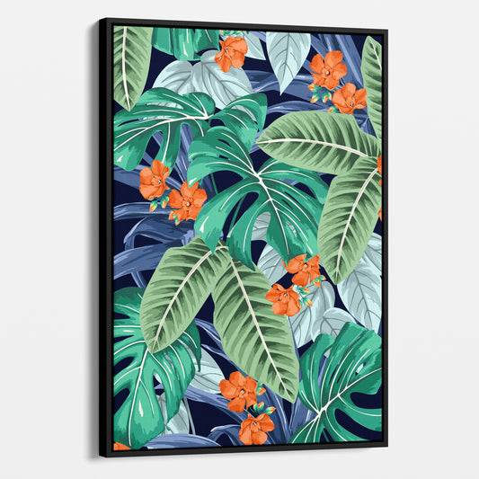 Framed Solana Orange tropical wall art angled view showing frame depth - lush monstera leaves and palm fronds with orange floral accent