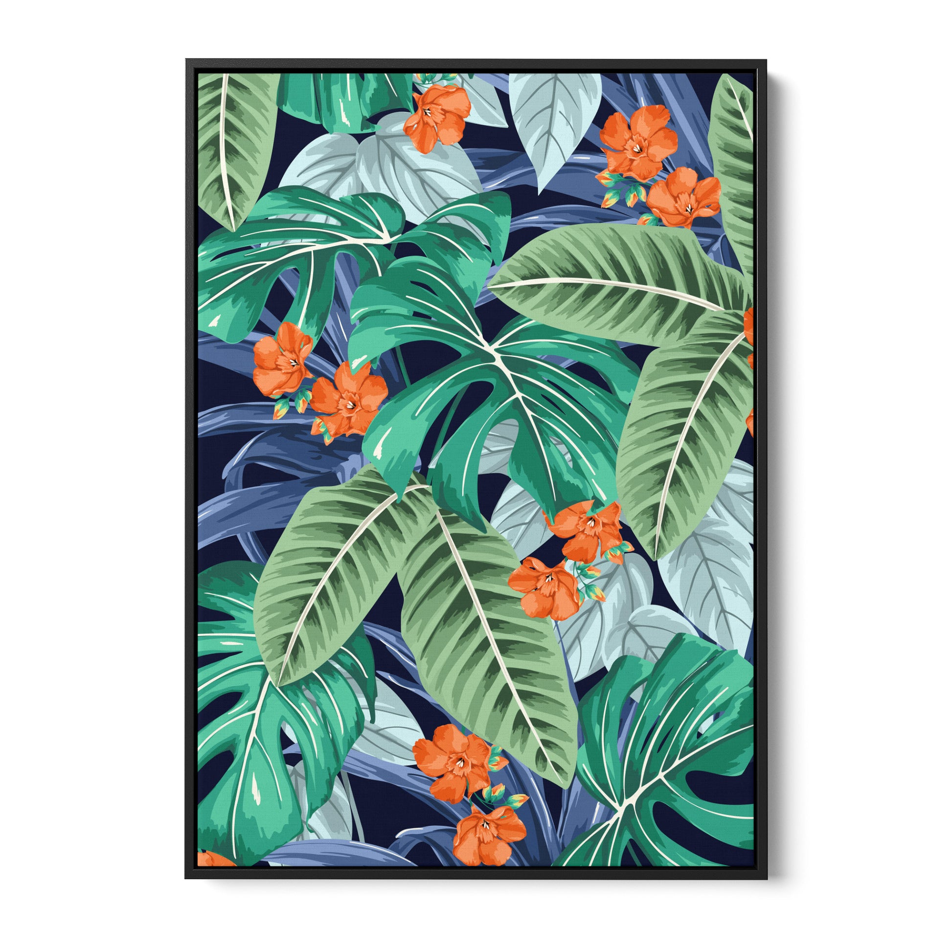 Solana Orange tropical wall art - vibrant jungle foliage with bright orange flowers on black background, framed print front view
