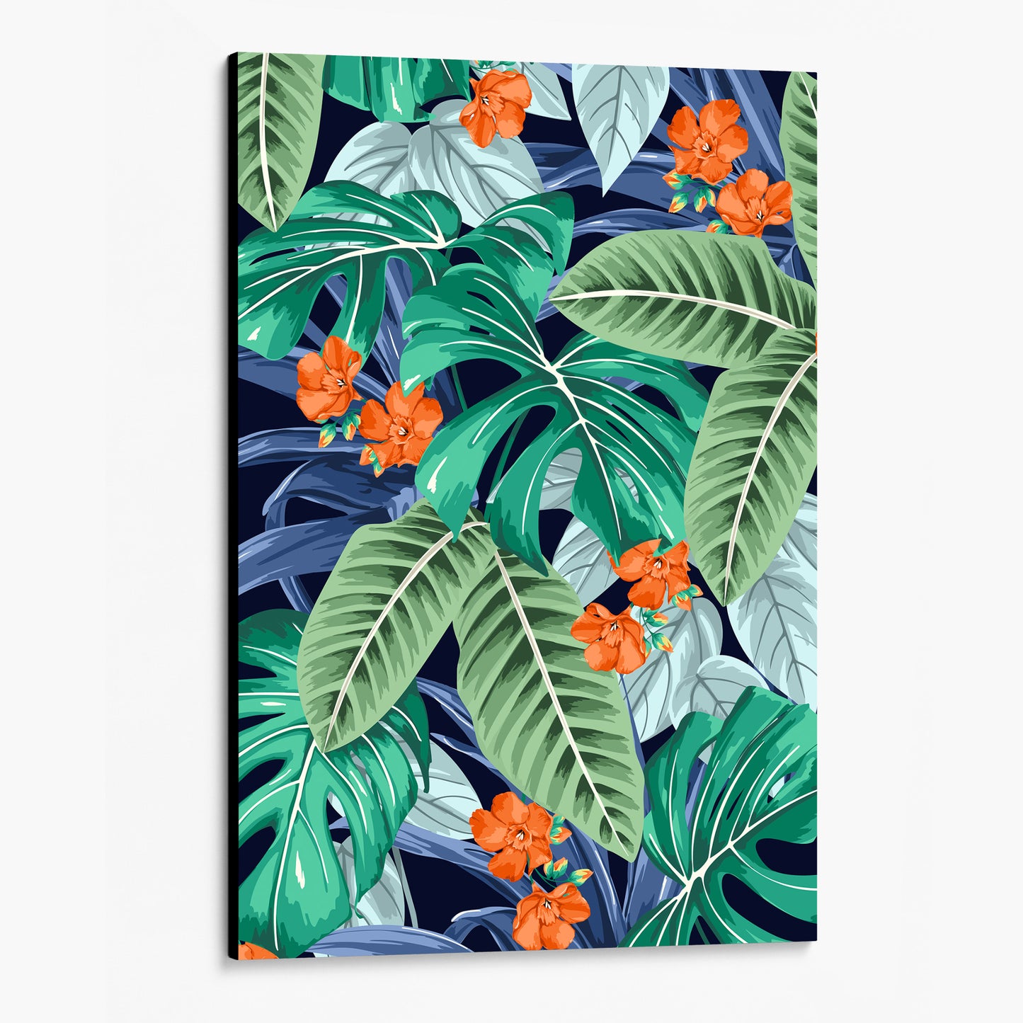 unframed Solana Orange tropical wall art angled view showing frame depth - lush monstera leaves and palm fronds with orange floral accent