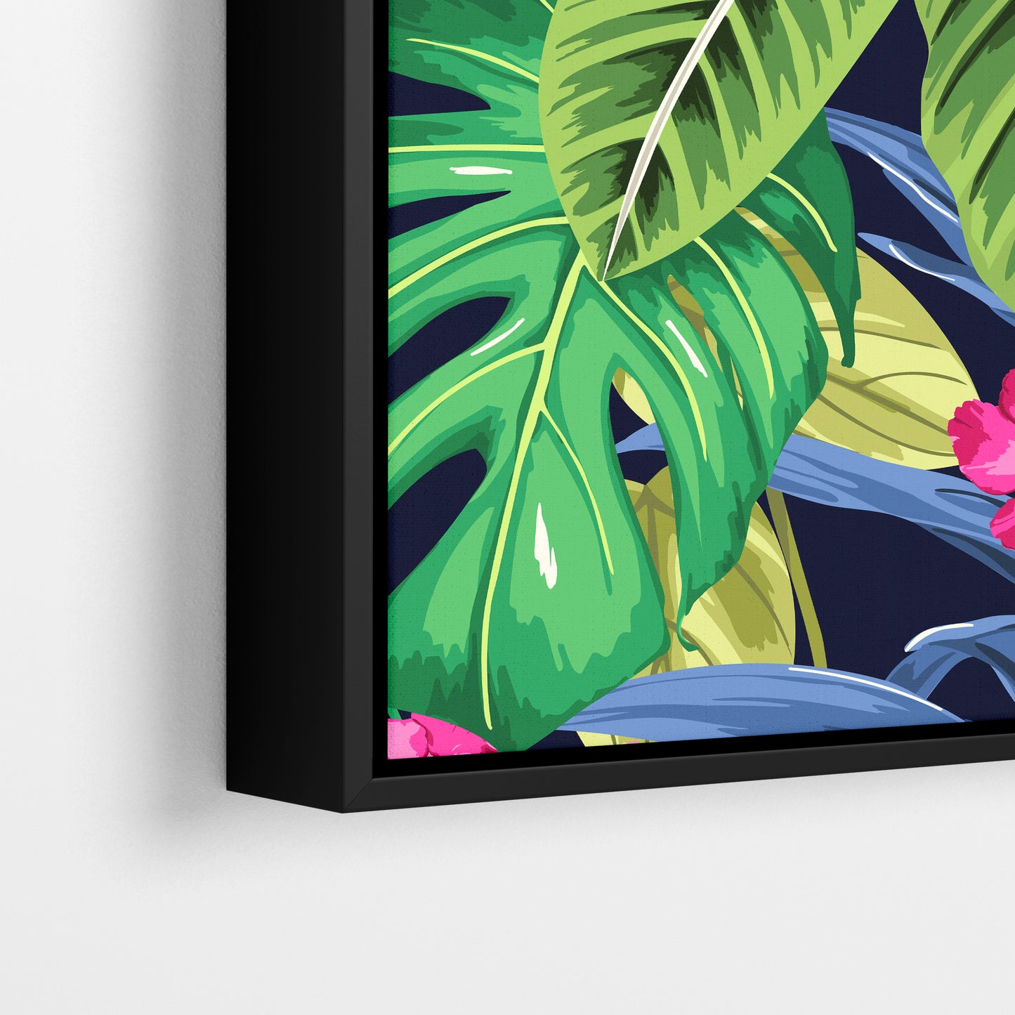 Solana Pink tropical wall art - vibrant jungle foliage with bright pink flowers on navy background, framed print front view