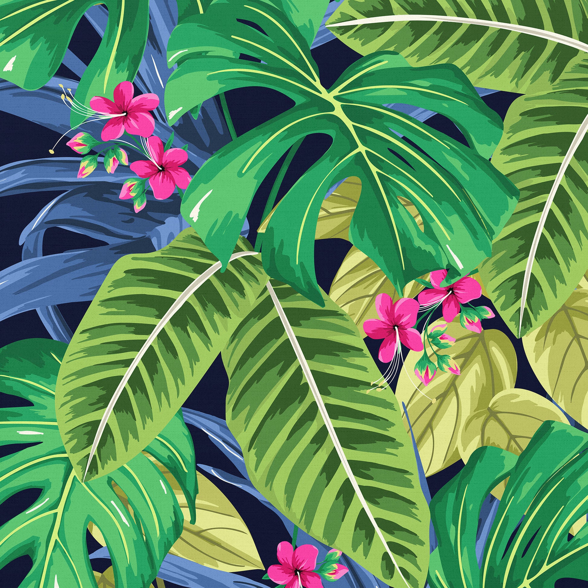 Close-up detail of Solana Pink framed tropical print - jungle foliage in green and blue tones with striking pink flowers on navy
