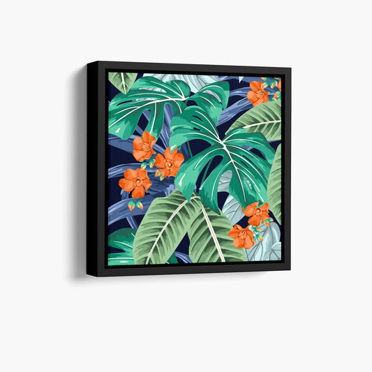 Framed Solana Orange mini tropical wall art angled view showing frame depth - lush monstera leaves and palm fronds with orange floral accents