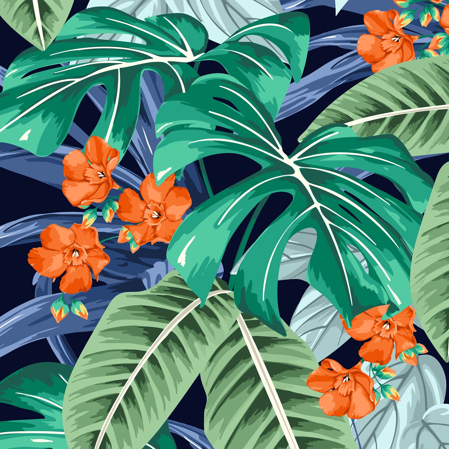 Close-up detail of Solana Orange mini tropical print - jungle foliage in green, blue and grey tones with striking orange flowers