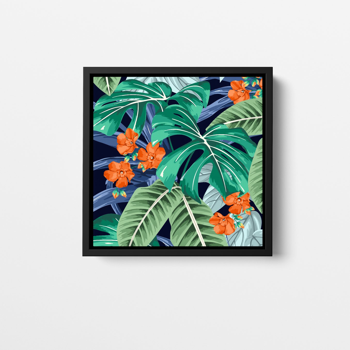 Solana Orange tropical mini wall art - vibrant jungle foliage with bright orange flowers on black background, framed print front view
