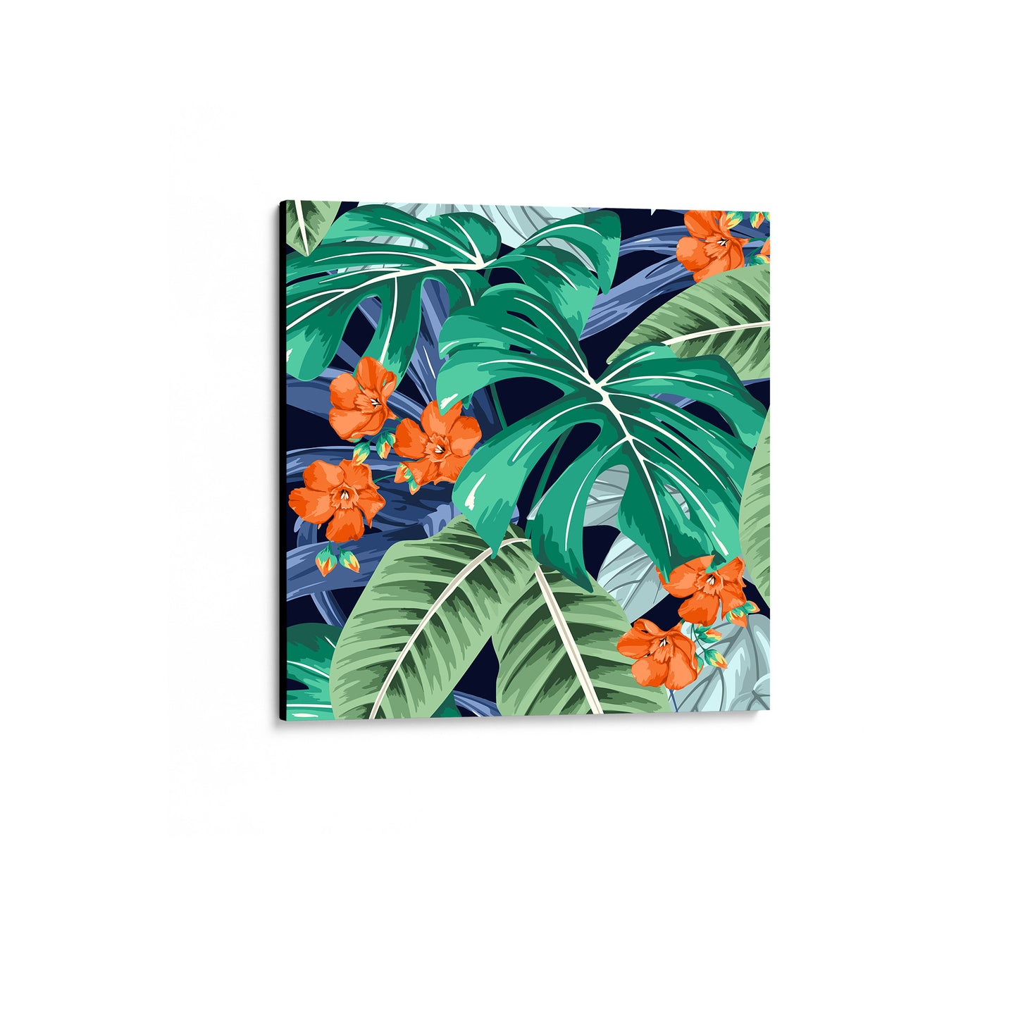 unframed Solana Orange mini  tropical wall art angled view showing frame depth - lush monstera leaves and palm fronds with orange floral accents
