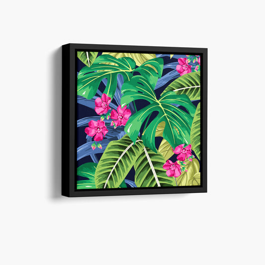 Framed Solana Pink tropical mini wall art angled view showing frame depth - lush monstera leaves and palm fronds with pink floral accents