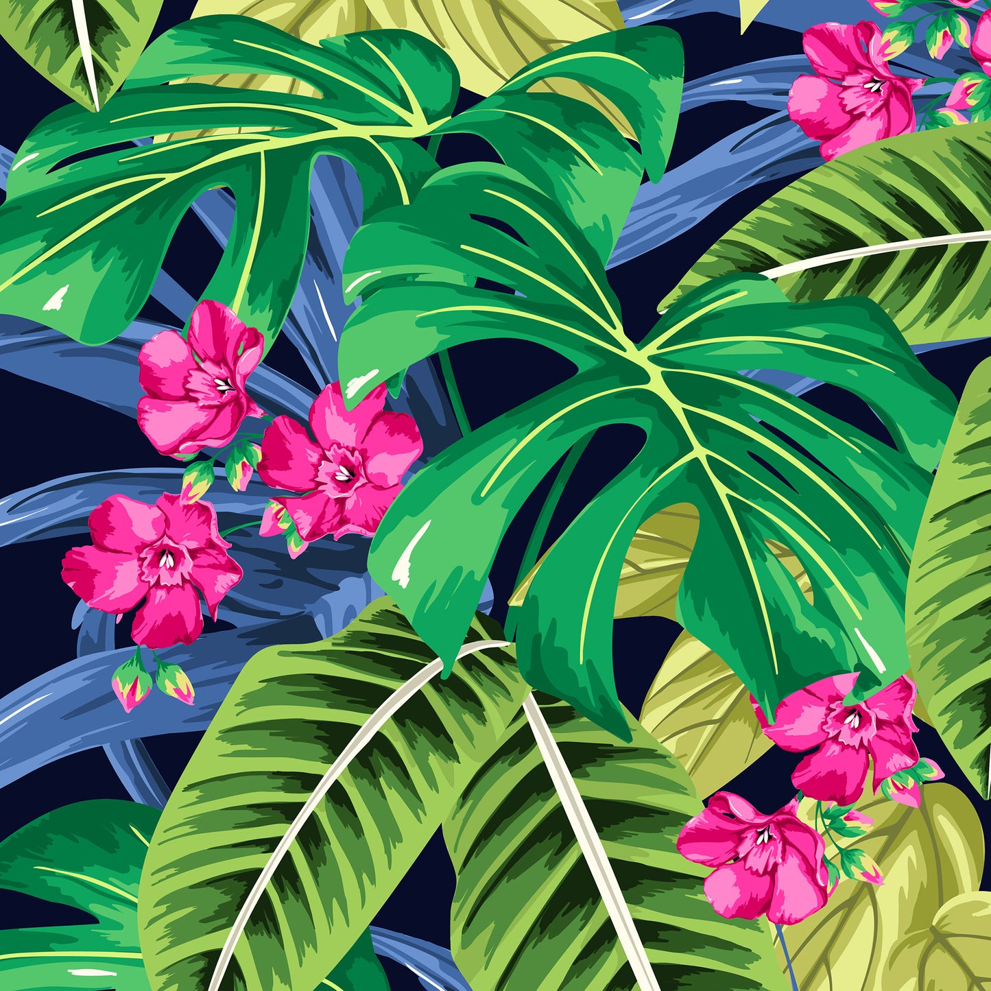 Close-up detail of Solana Pink mini tropical print - jungle foliage in green and blue tones with striking pink flowers on navy