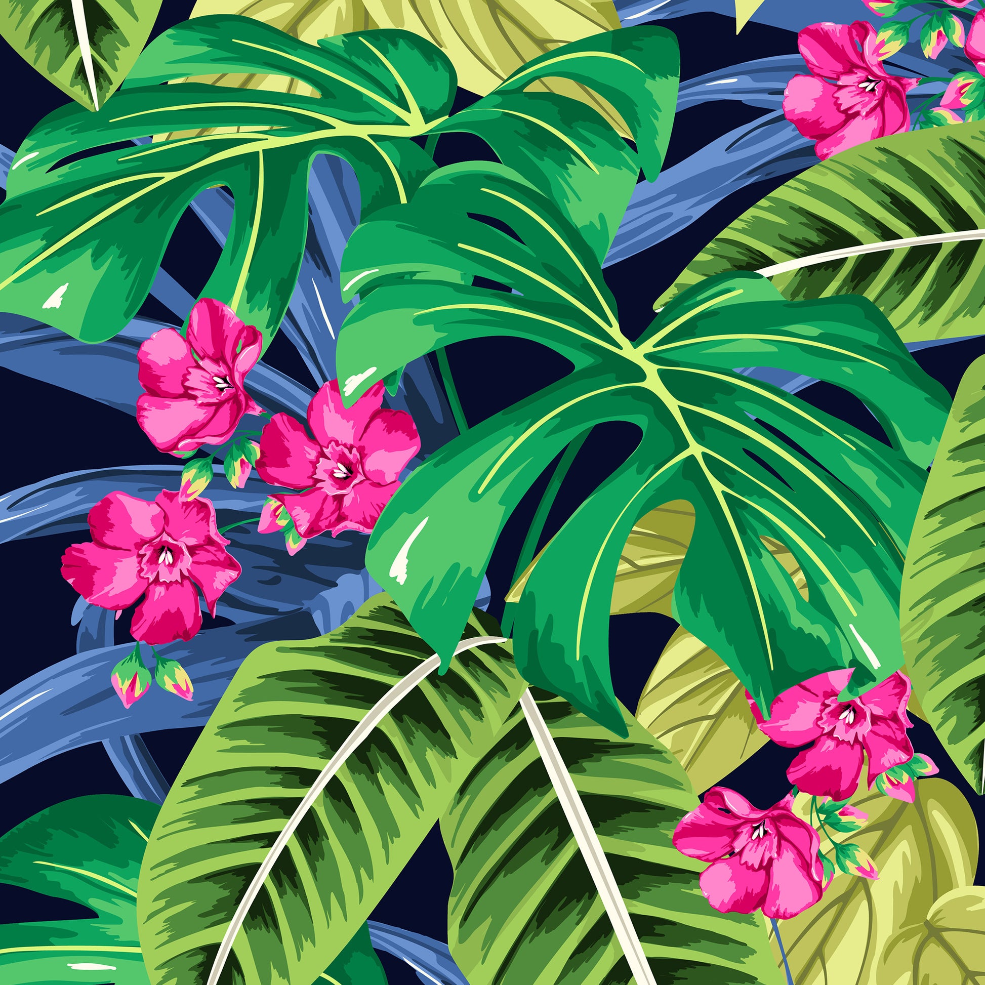 Close-up detail of Solana Pink mini tropical print - jungle foliage in green and blue tones with striking pink flowers on navy