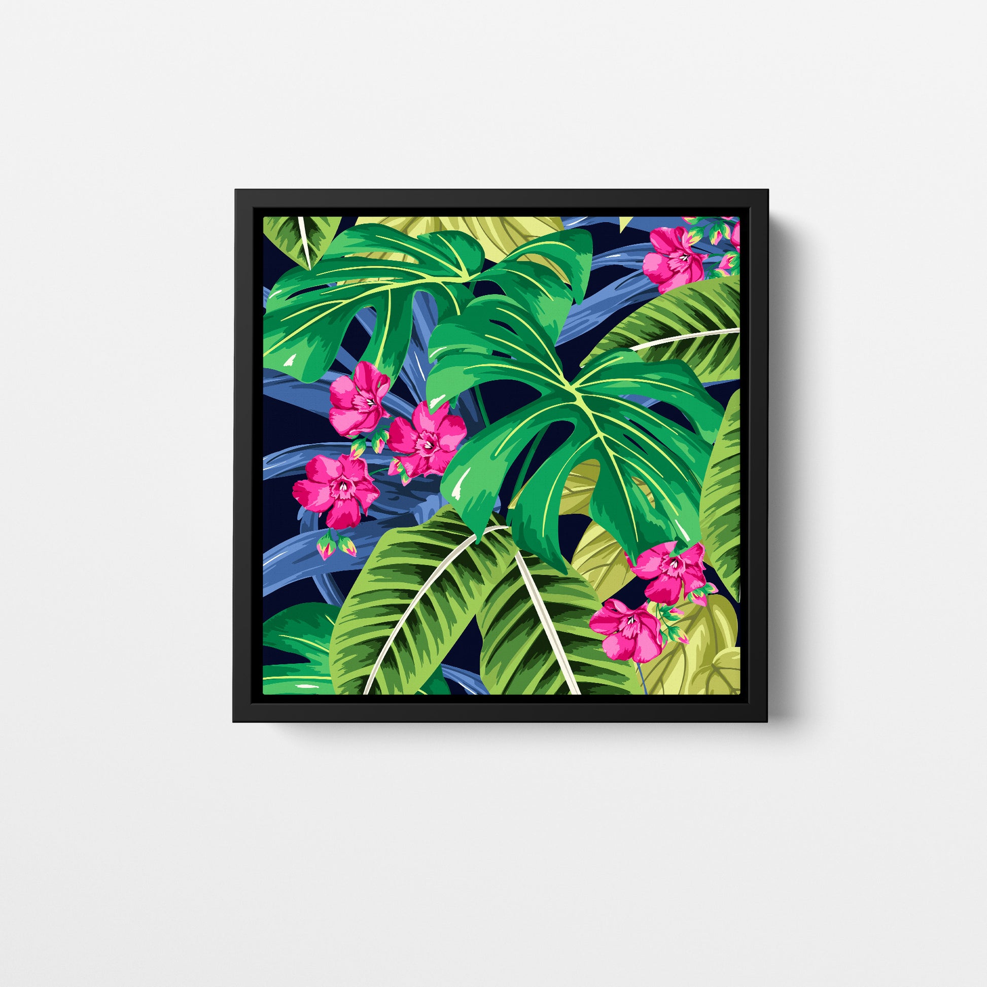 Solana Pink mini tropical wall art - vibrant jungle foliage with bright pink flowers on navy background, framed print front view