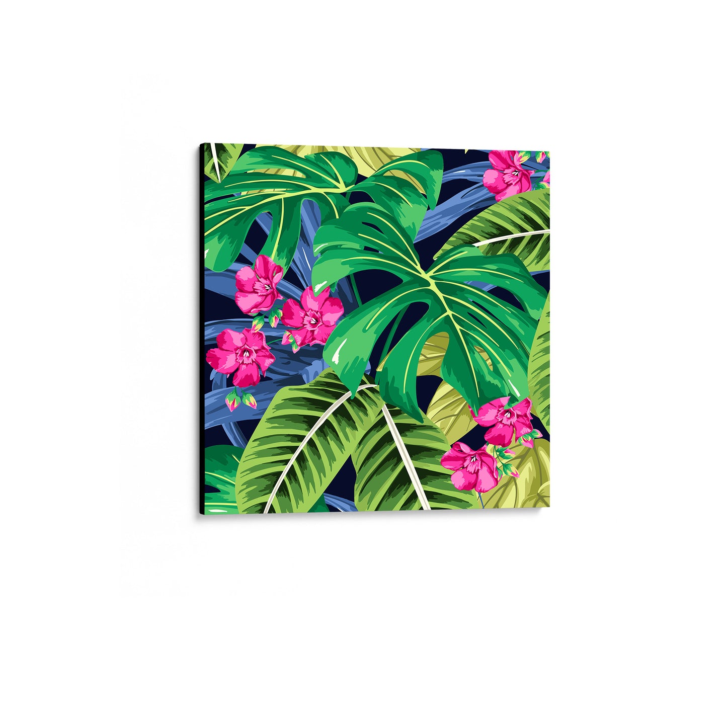 Unframed Solana Pink mini tropical wall art angled view showing  frame depth - lush monstera leaves and palm fronds with pink floral accents