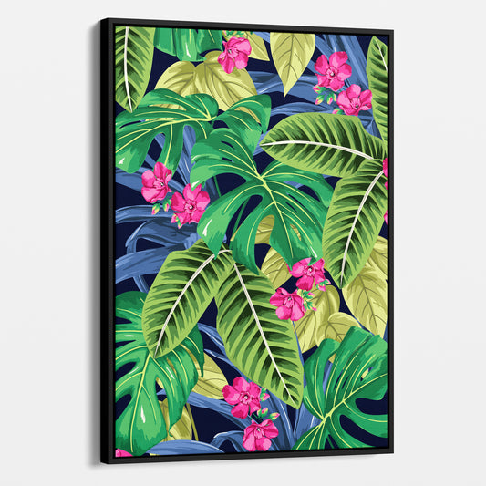 Framed Solana Pink tropical wall art angled view showing frame depth - lush monstera leaves and palm fronds with pink floral accents