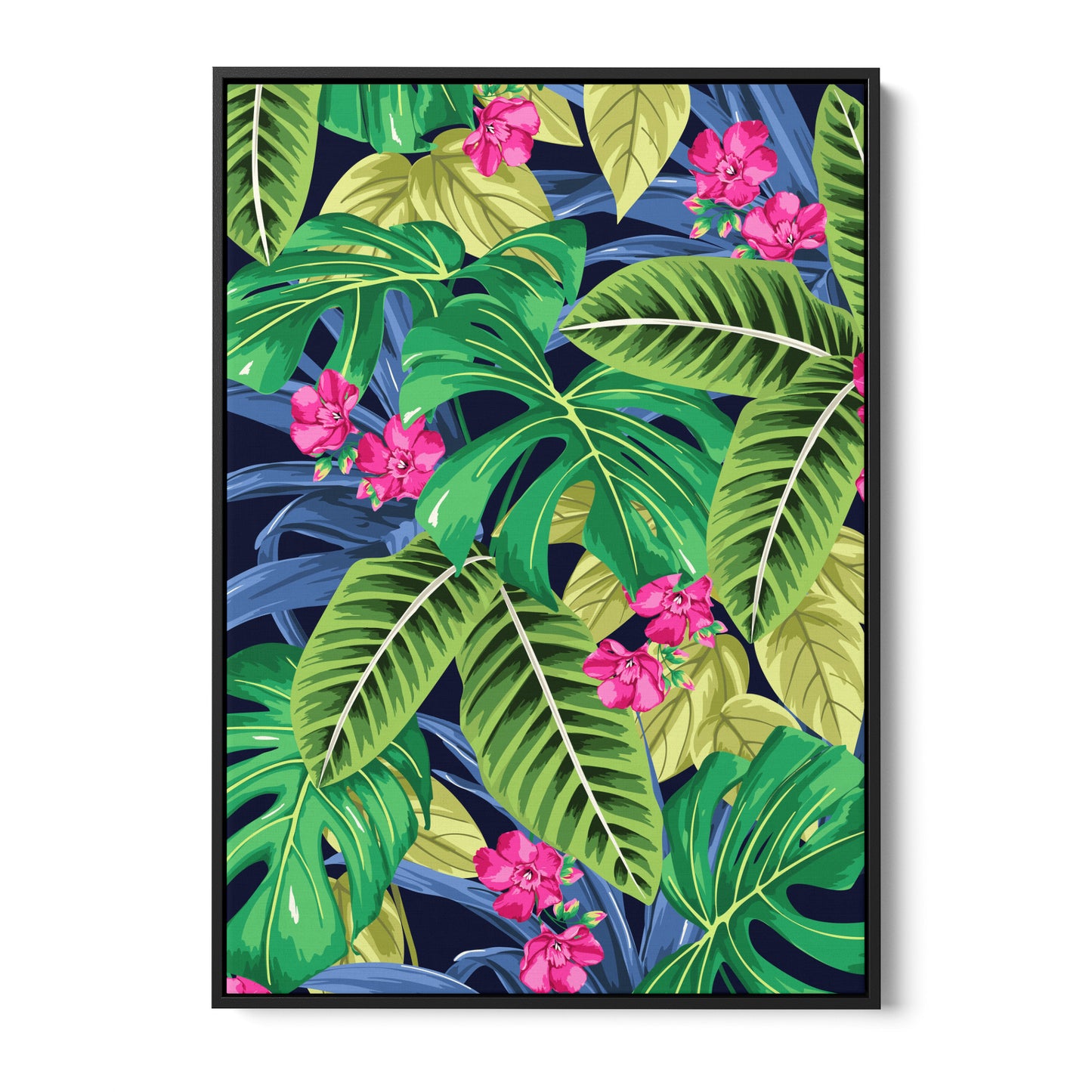 Solana Pink tropical wall art - vibrant jungle foliage with bright pink flowers on navy background, framed print front view
