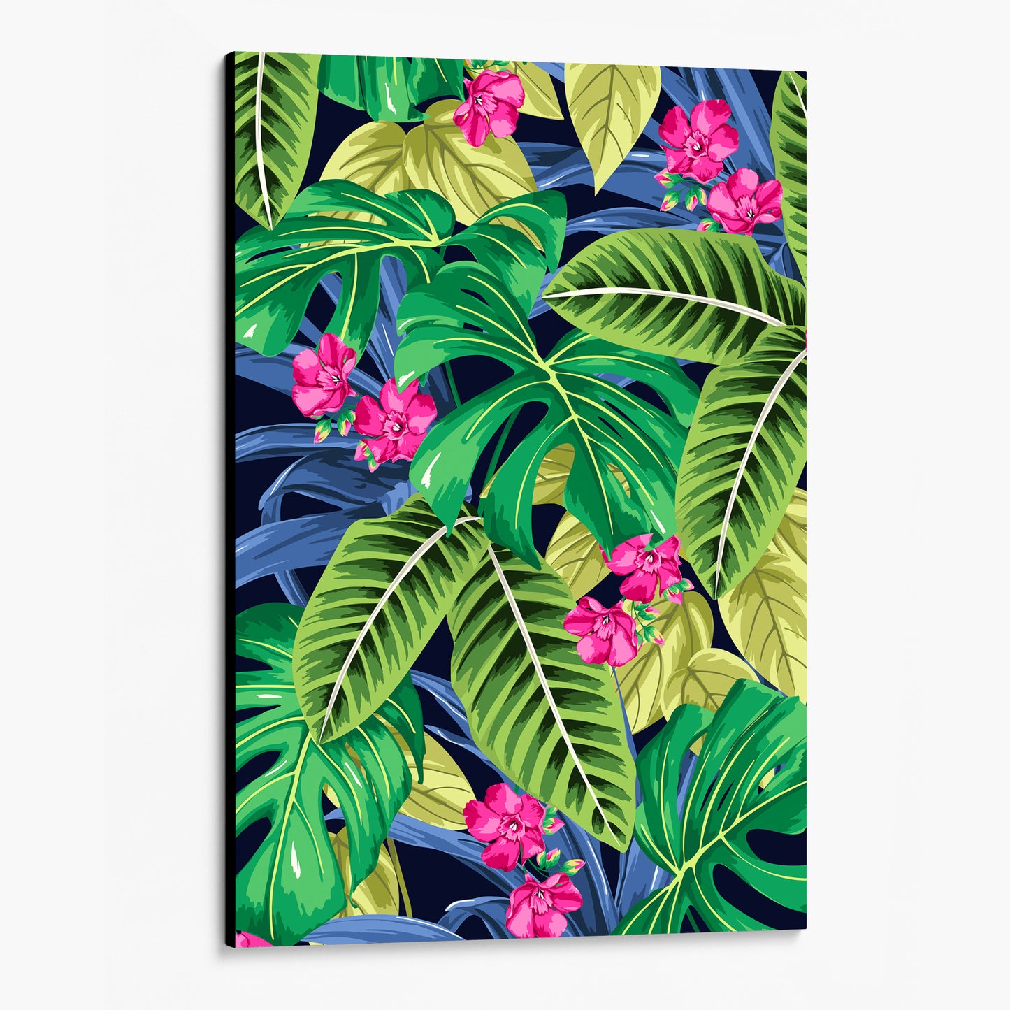 Unframed Solana Pink tropical wall art angled view showing frame depth - lush monstera leaves and palm fronds with pink floral accents