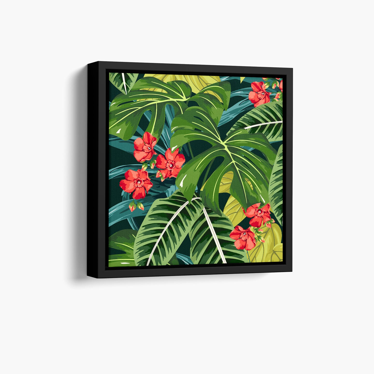 Solana Scarlet tropical mini wall art angled view showing frame depth - lush monstera leaves and palm fronds with Scarlet floral accents